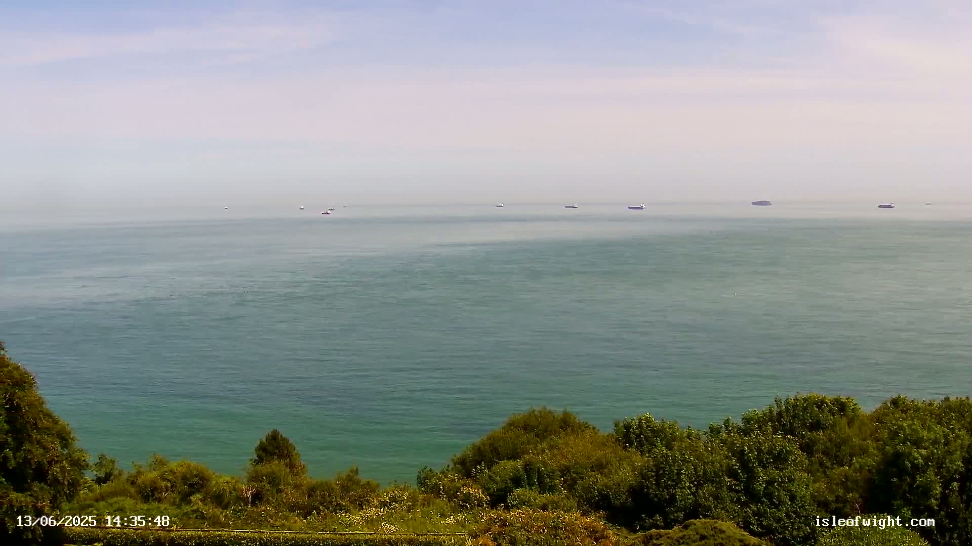 A calm, hazy ocean is seen from a high vantage point, with several ships visible in the distance and green vegetation in the foreground.