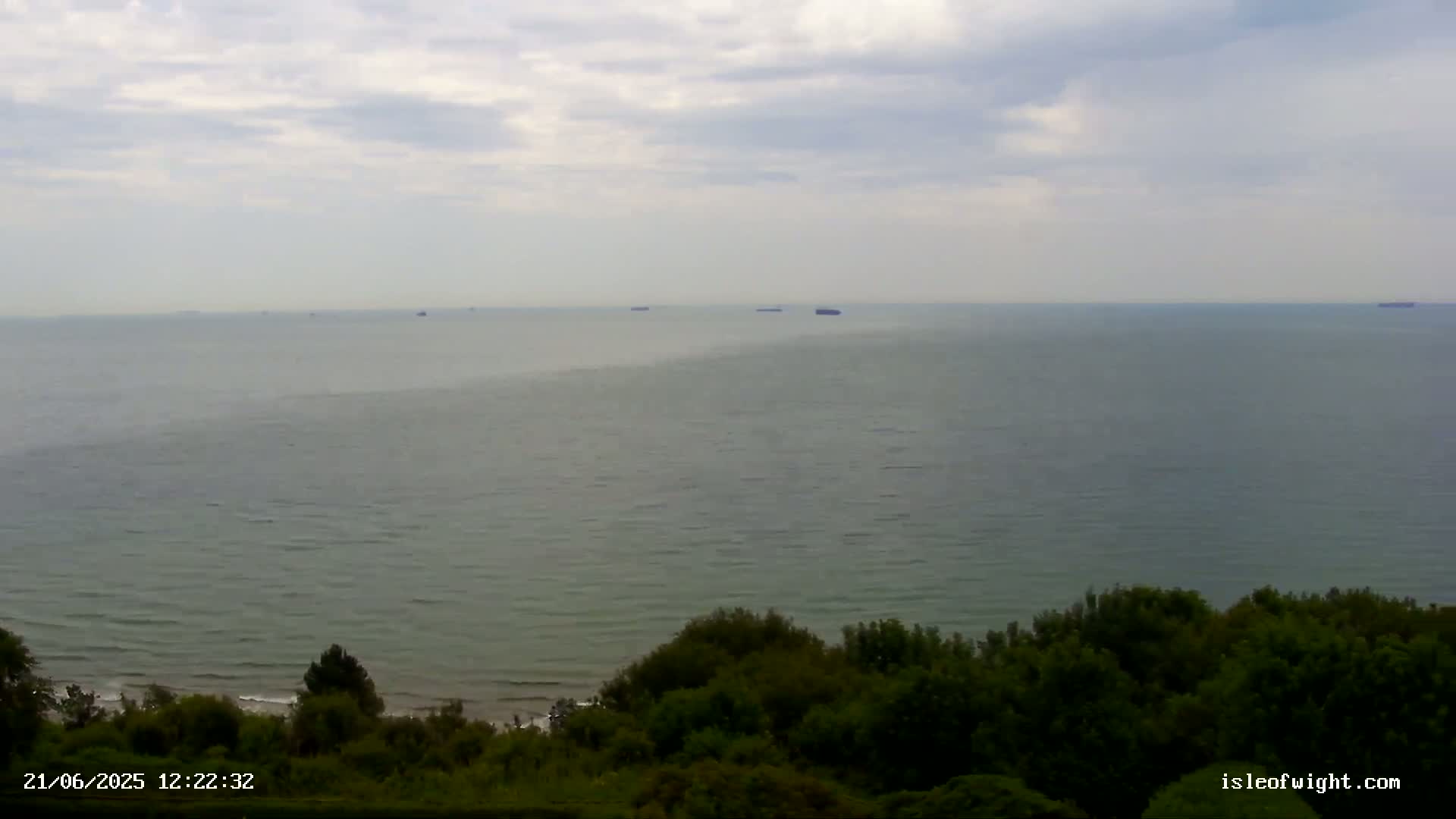 A calm, overcast day shows several ships on the horizon over a gray-green sea, viewed from a high vantage point overlooking a shoreline of green trees.