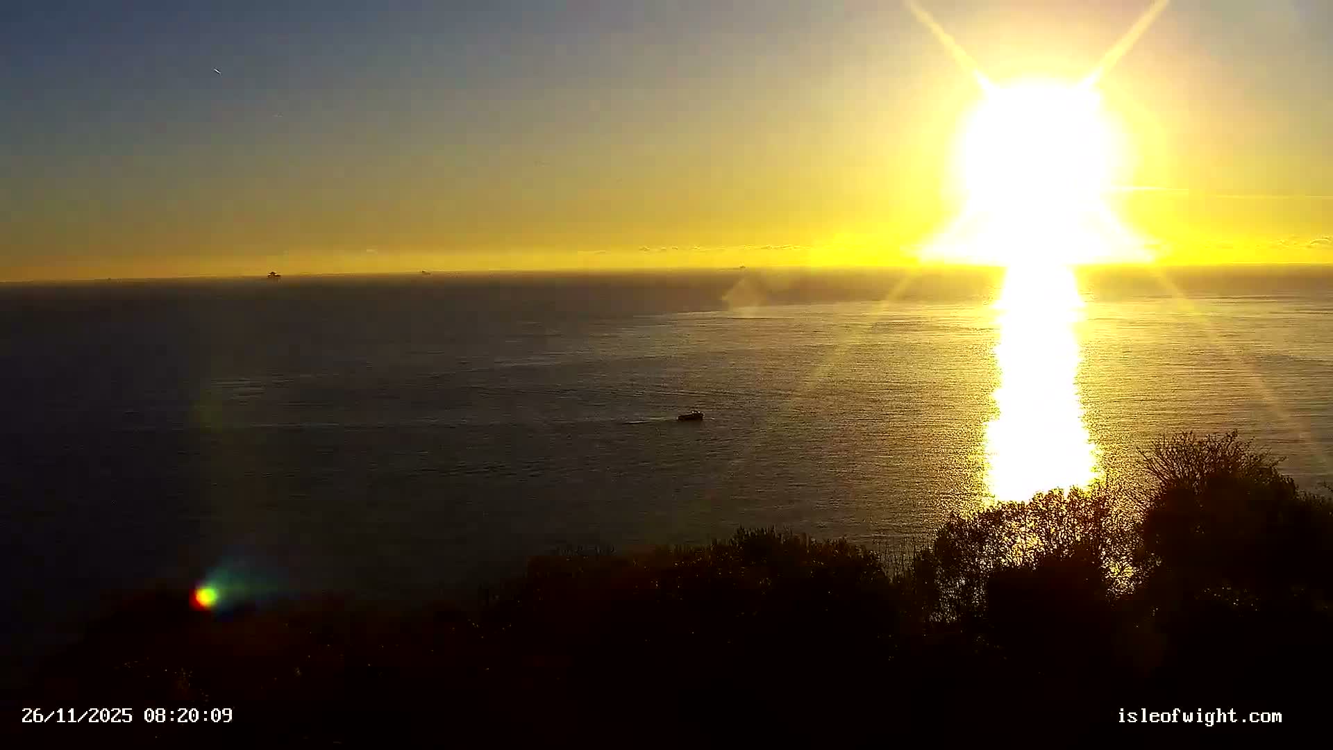 A bright sun low on the horizon casts a dazzling golden reflection across a calm ocean with several distant ships and one closer boat, viewed from above dark, silhouetted foreground foliage under a clear sky.