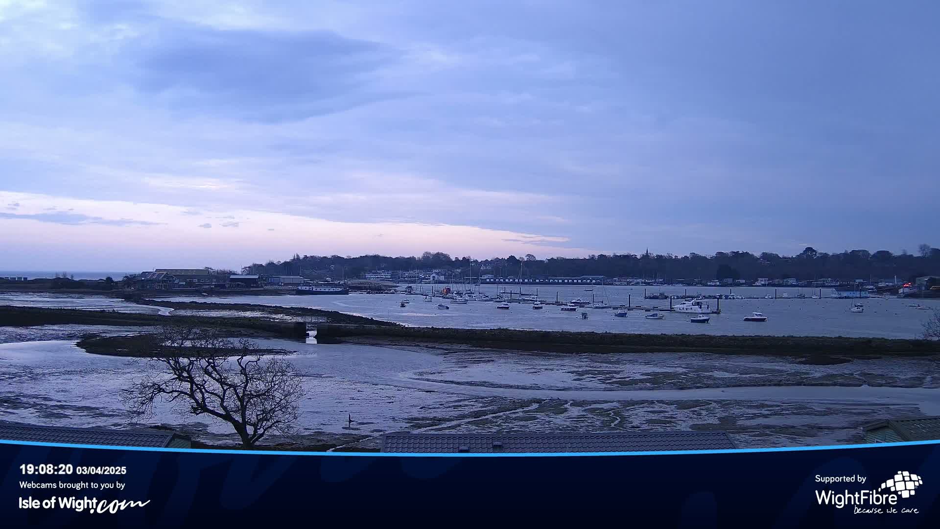 A harbor with numerous boats at low tide under a pale, overcast sky.