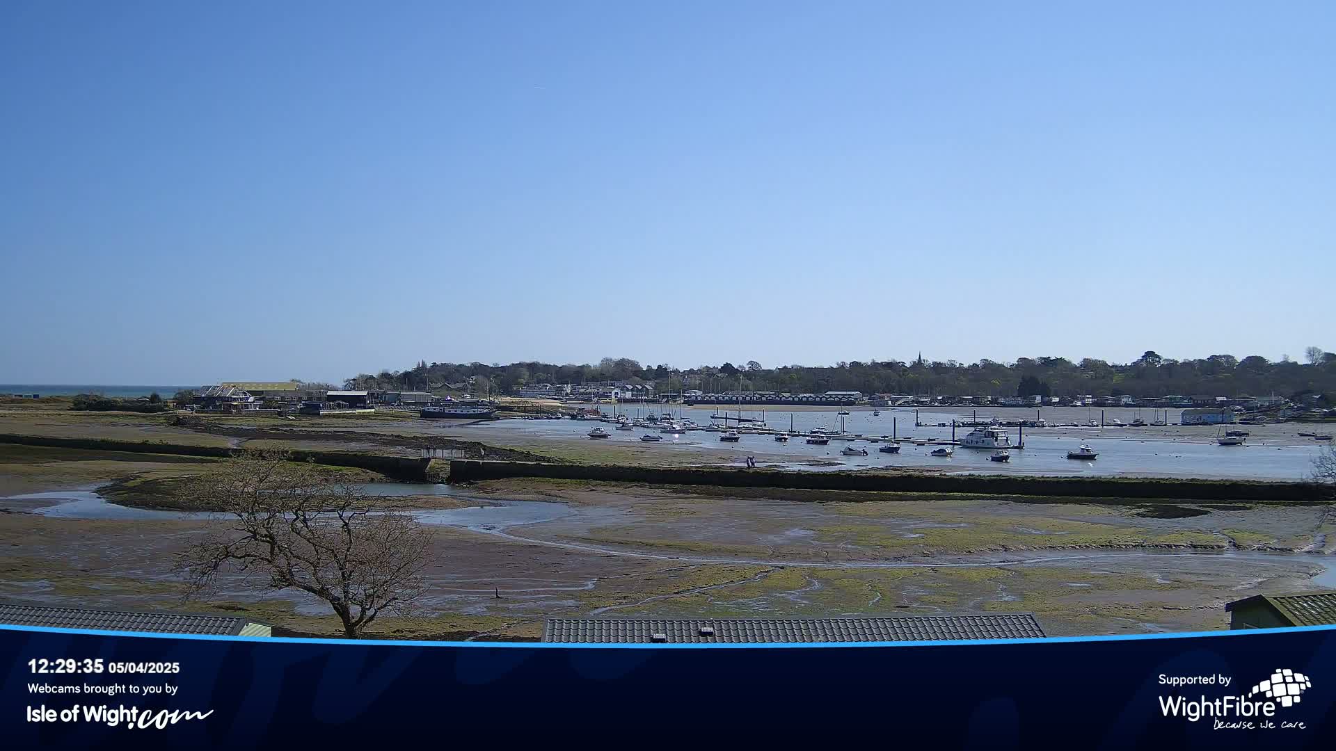 A mostly sunny day reveals a harbor filled with boats at low tide, with a town and trees in the background.