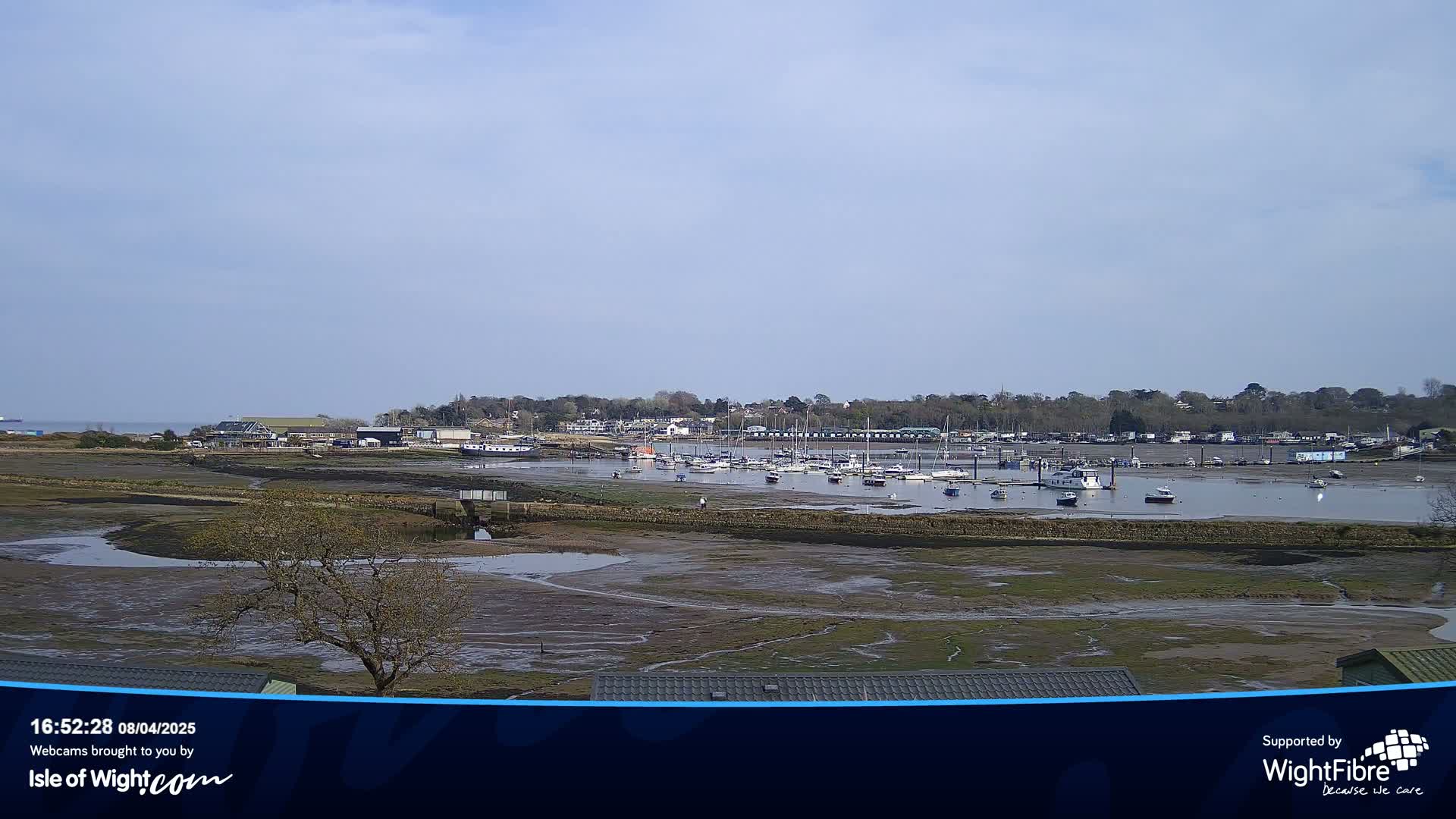 A mostly sunny day reveals a marina filled with boats at low tide, surrounded by exposed mudflats and a tree-lined shoreline.