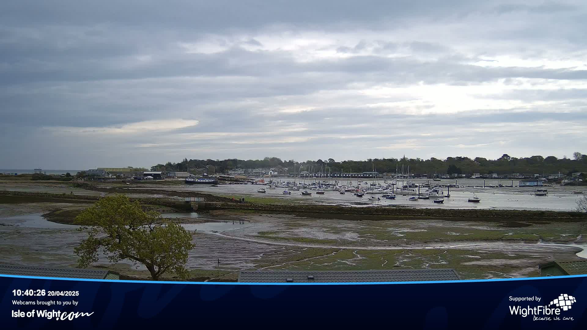 A mostly cloudy day reveals a harbor with numerous boats at low tide, backed by a line of trees and buildings.