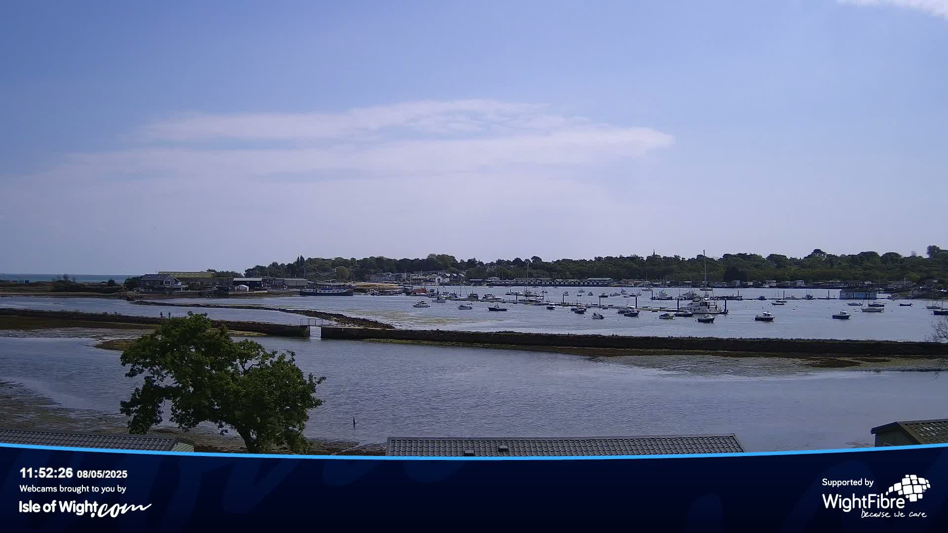 A harbor filled with numerous boats is visible under a mostly clear, bright sky.