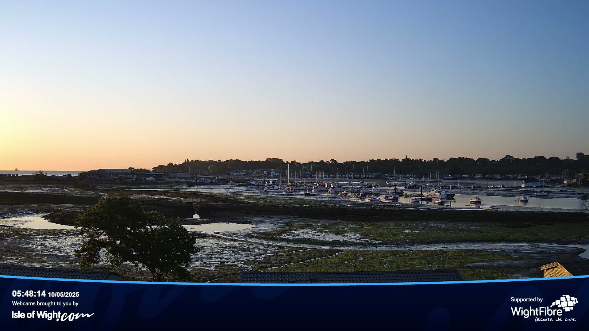 A tranquil sunrise scene shows a harbor filled with numerous boats at low tide, under a clear, pale sky.