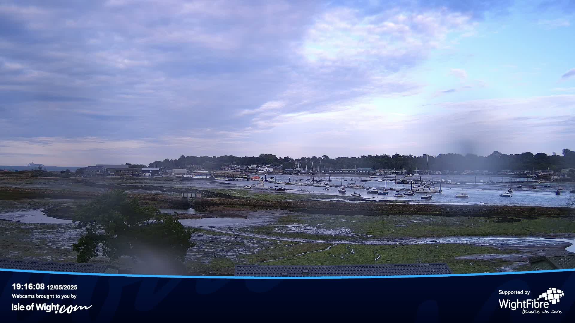 A mostly cloudy day reveals a harbor filled with boats at low tide, nestled between a shoreline and a line of buildings backed by trees.