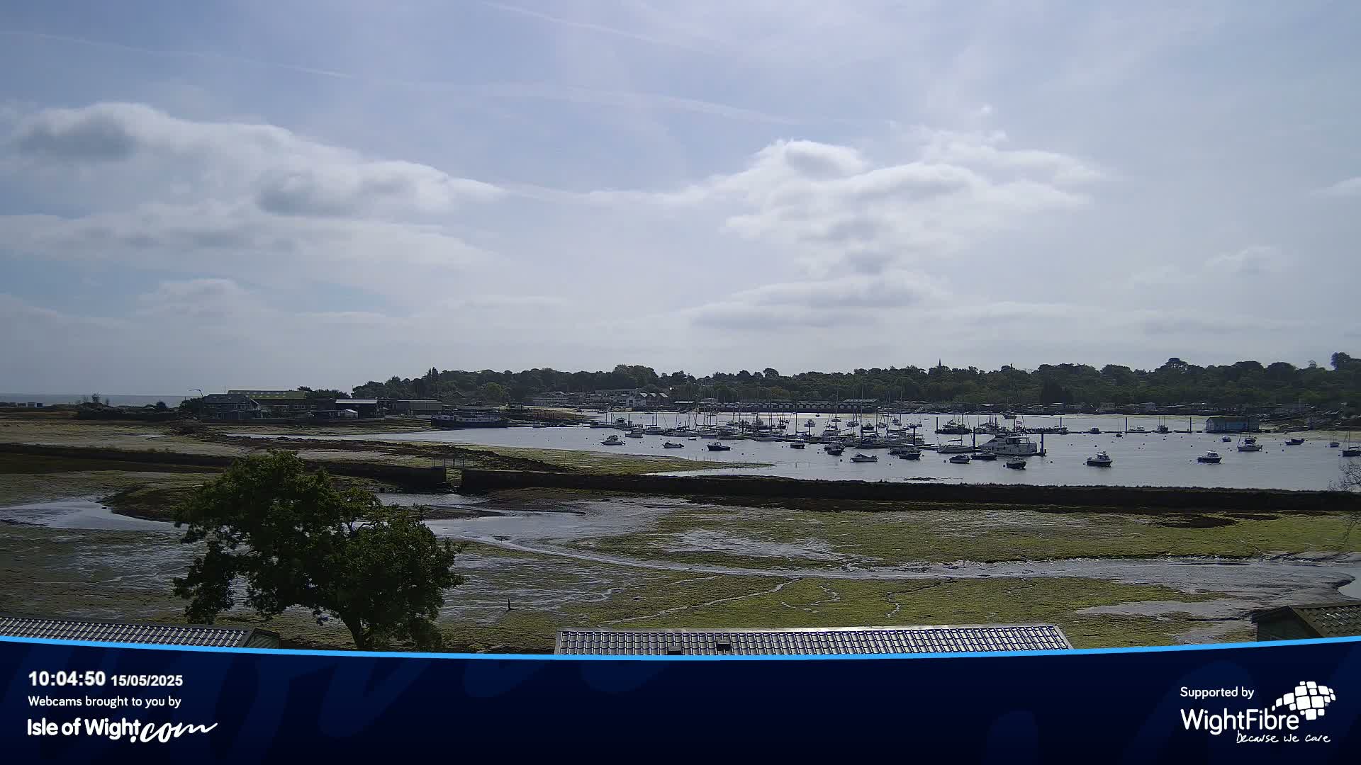 A partly cloudy day reveals a harbor filled with numerous boats at low tide, with a line of trees and buildings visible in the background.
