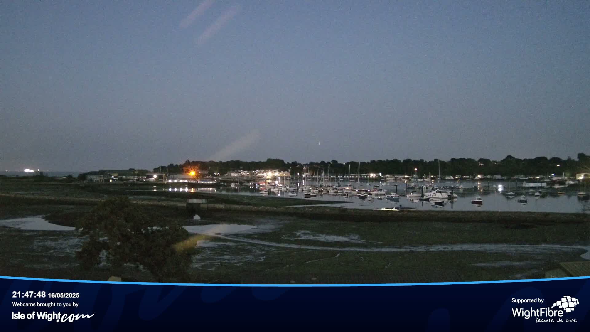 A calm, dark, twilight scene shows a marina filled with boats at low tide, backed by a line of trees and buildings.