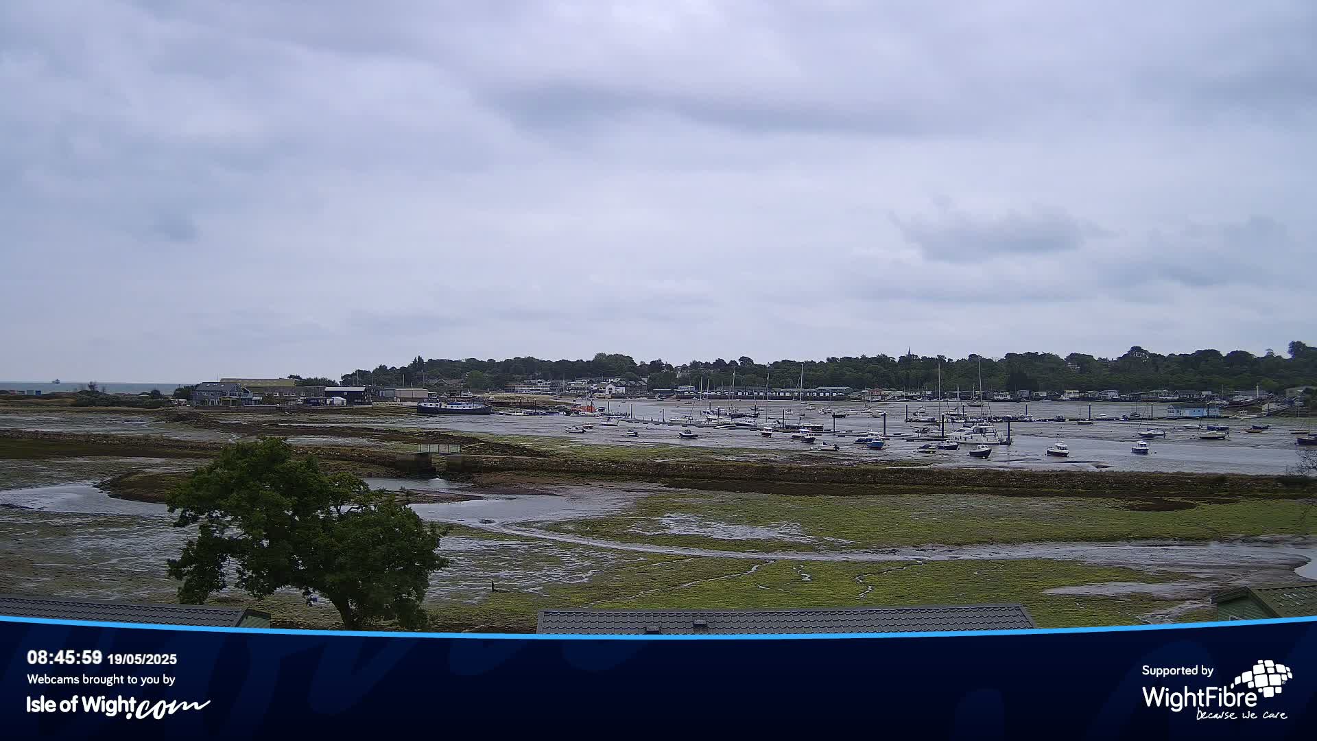 A mostly cloudy day reveals a harbor with numerous boats at low tide, backed by a line of houses and trees.