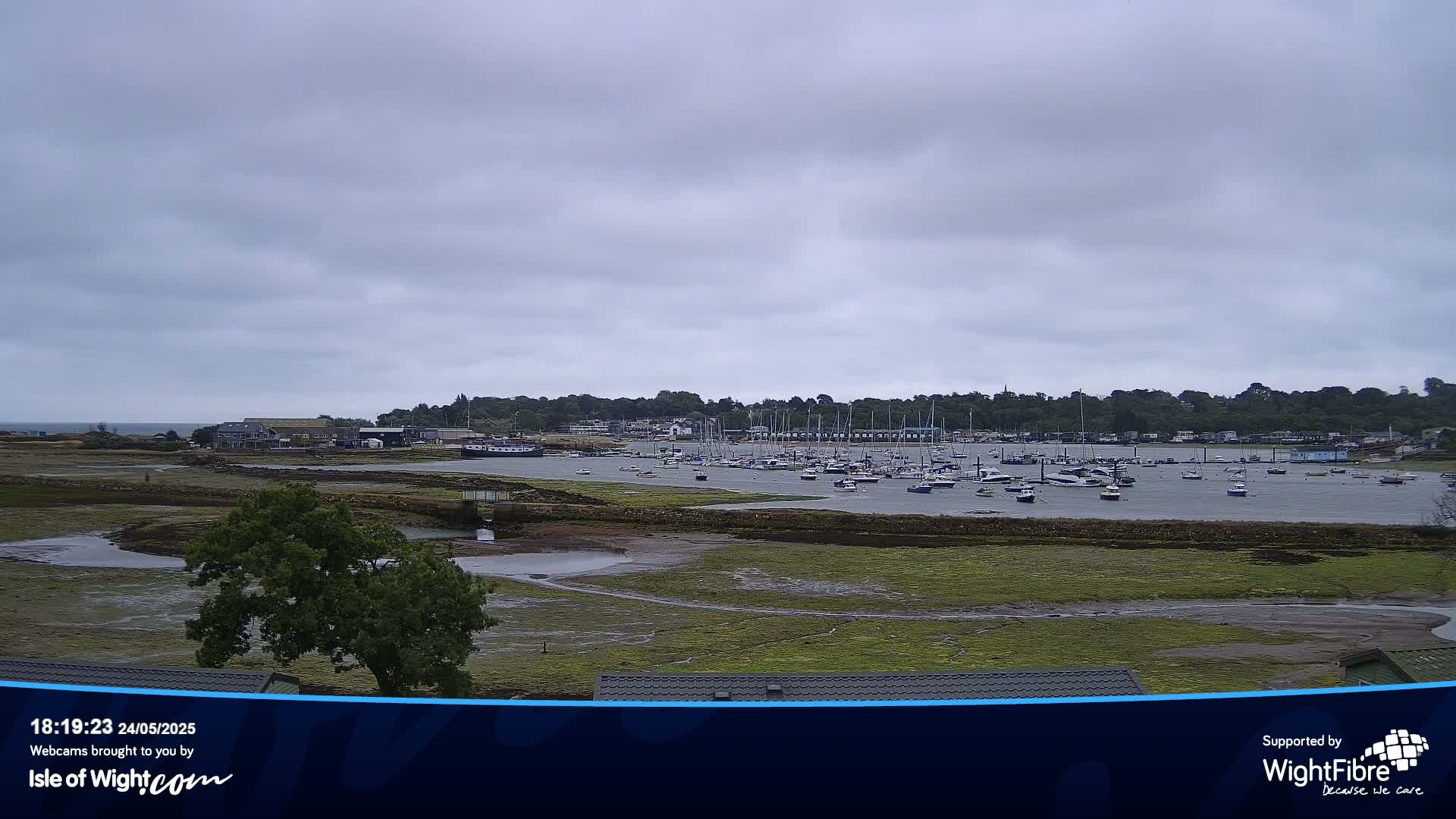 A mostly cloudy day reveals a harbor filled with numerous boats at low tide, with mudflats exposed in the foreground.