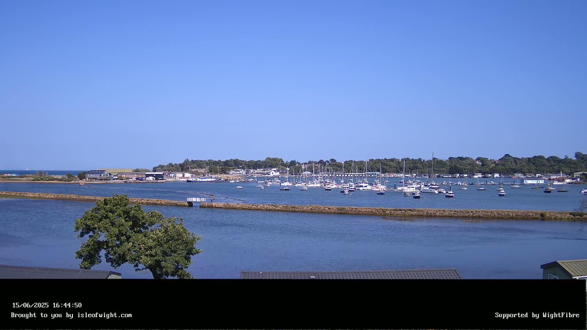 A calm, sunny day reveals a marina filled with numerous sailboats and motorboats, situated across a body of water from a shoreline with trees and buildings.