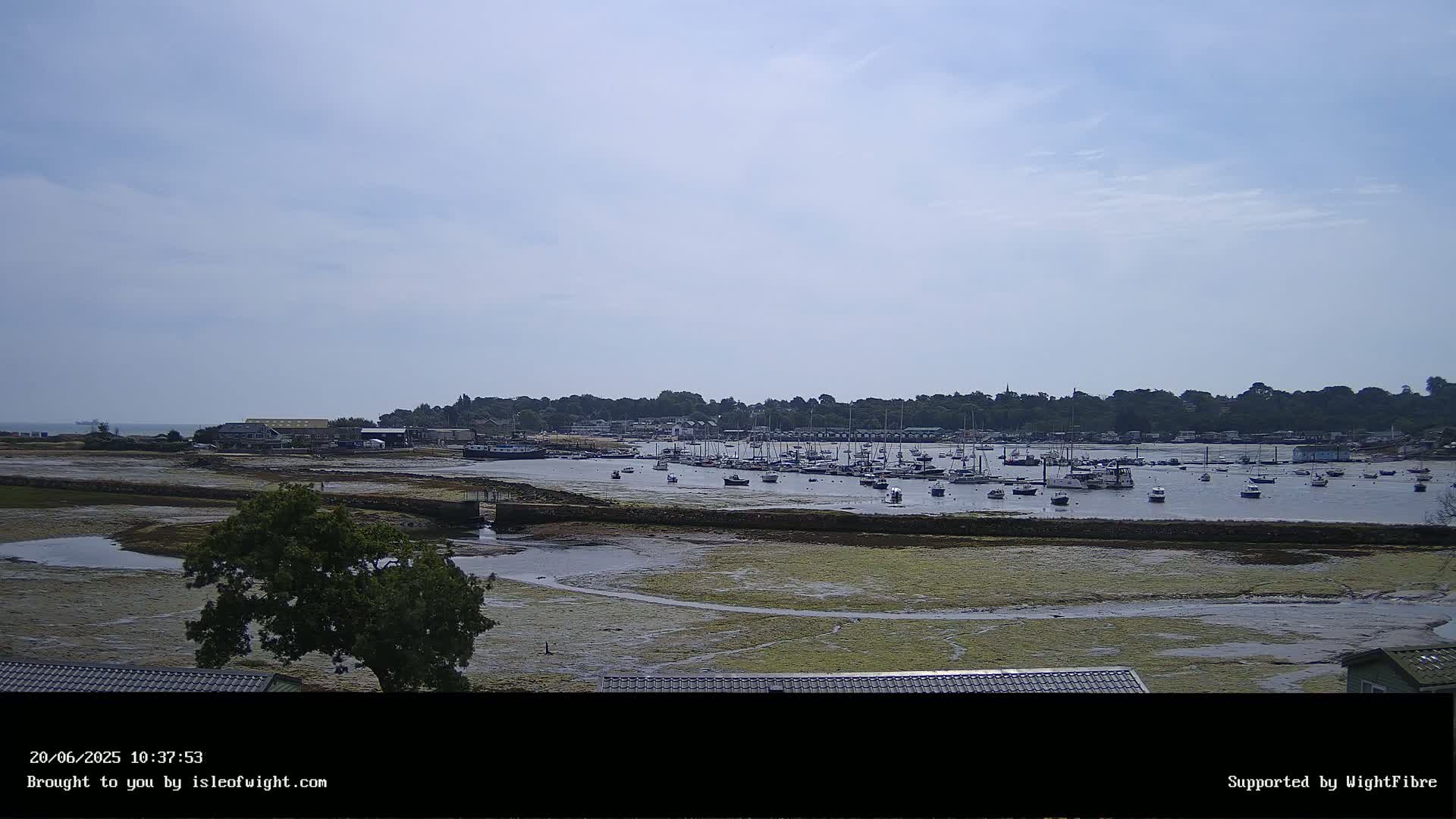 Under a partly cloudy sky, a harbor filled with numerous boats sits at low tide, surrounded by exposed mudflats and a line of buildings and trees in the background.