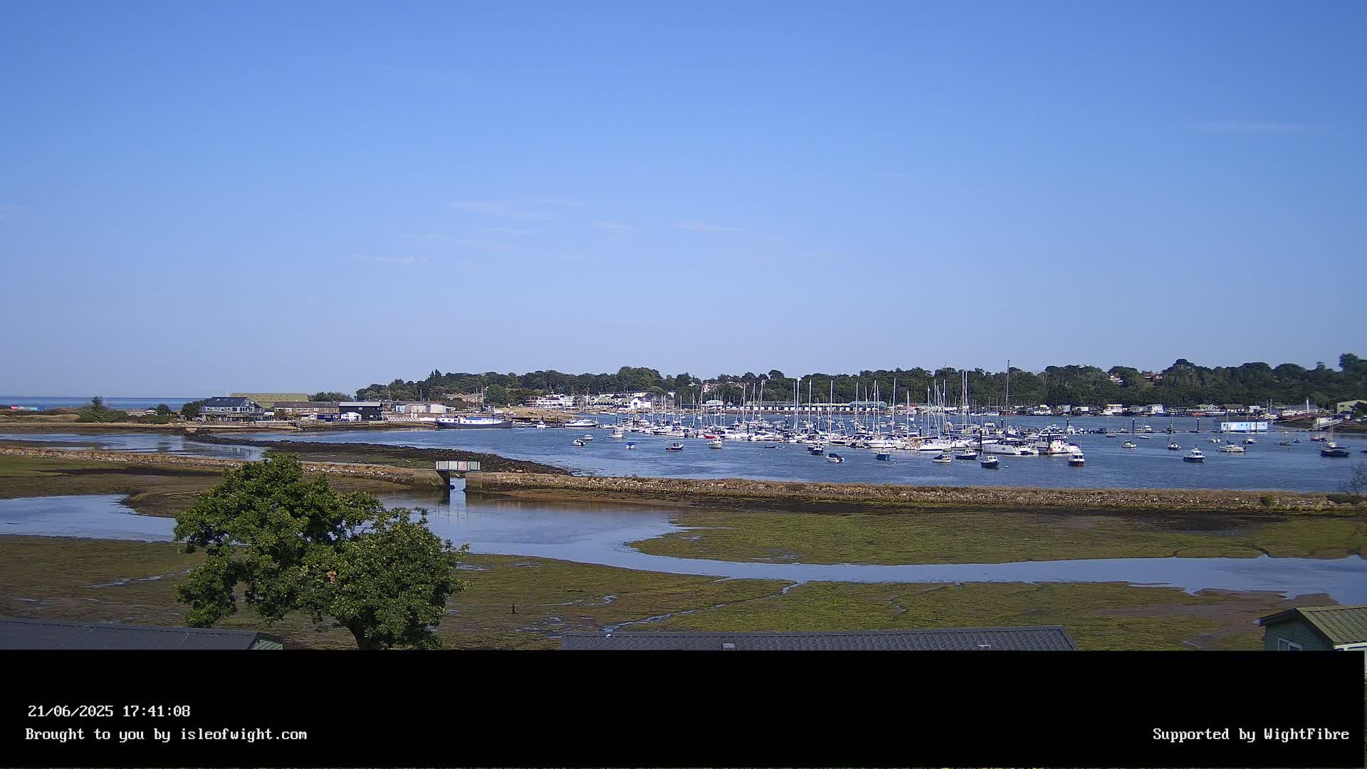 A marina filled with sailboats and motorboats sits across a calm body of water under a clear blue sky, with low-lying green vegetation surrounding the water.