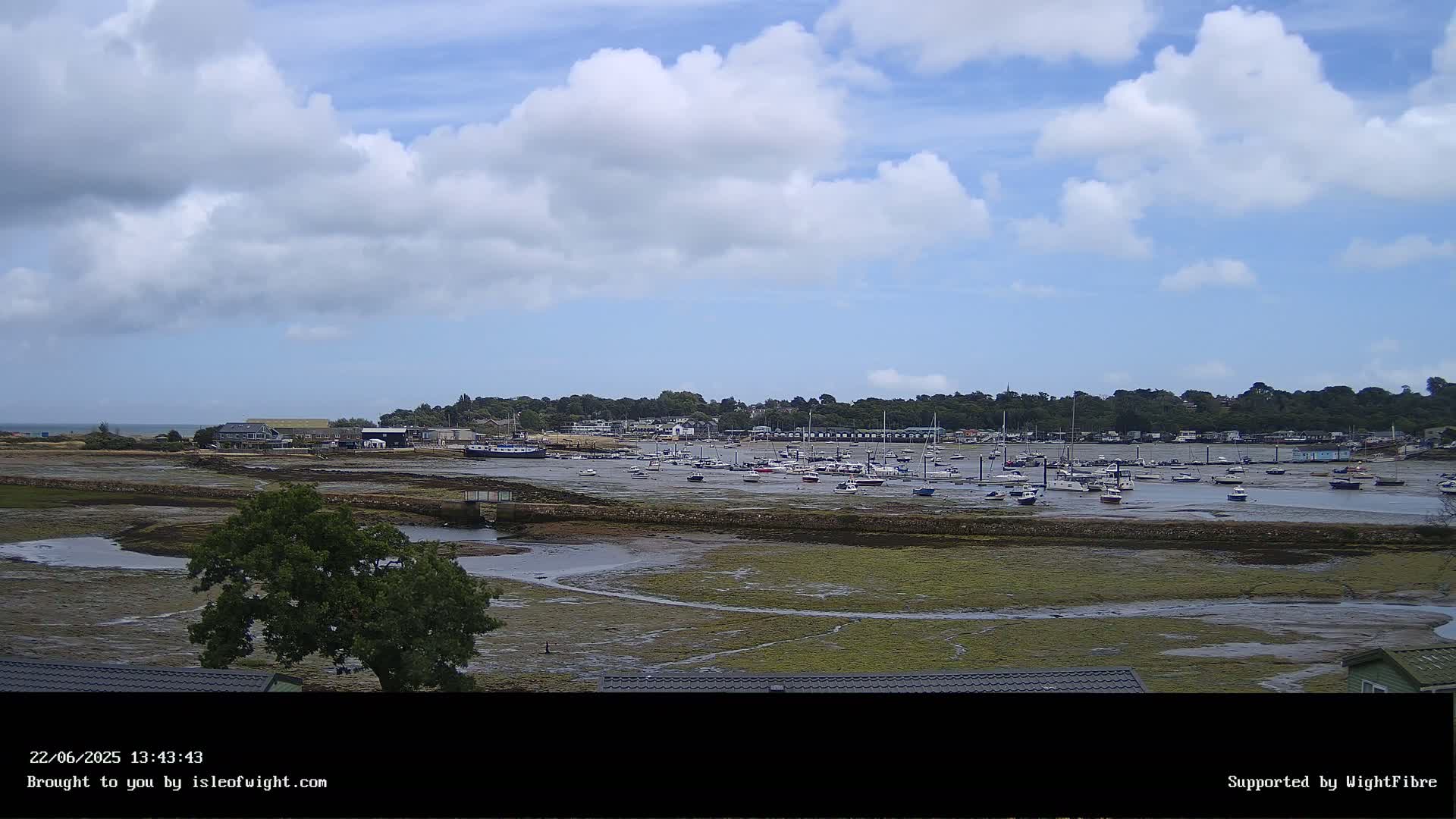 A partly cloudy day reveals a harbor filled with numerous boats at low tide, surrounded by a shoreline with green vegetation and a line of buildings in the distance.