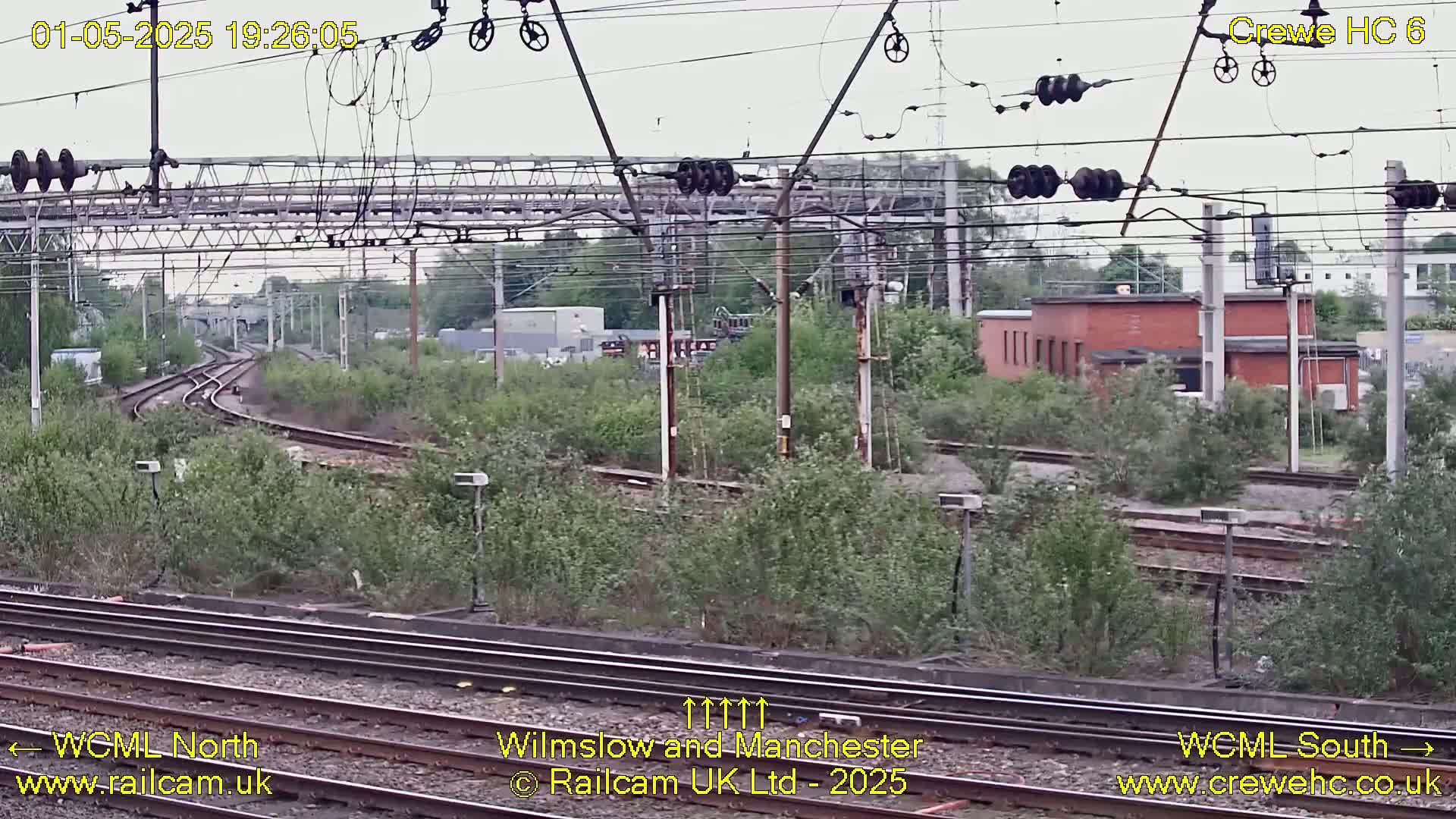 Overgrown railway tracks and infrastructure curve through a landscape of low-lying vegetation under an overcast sky.