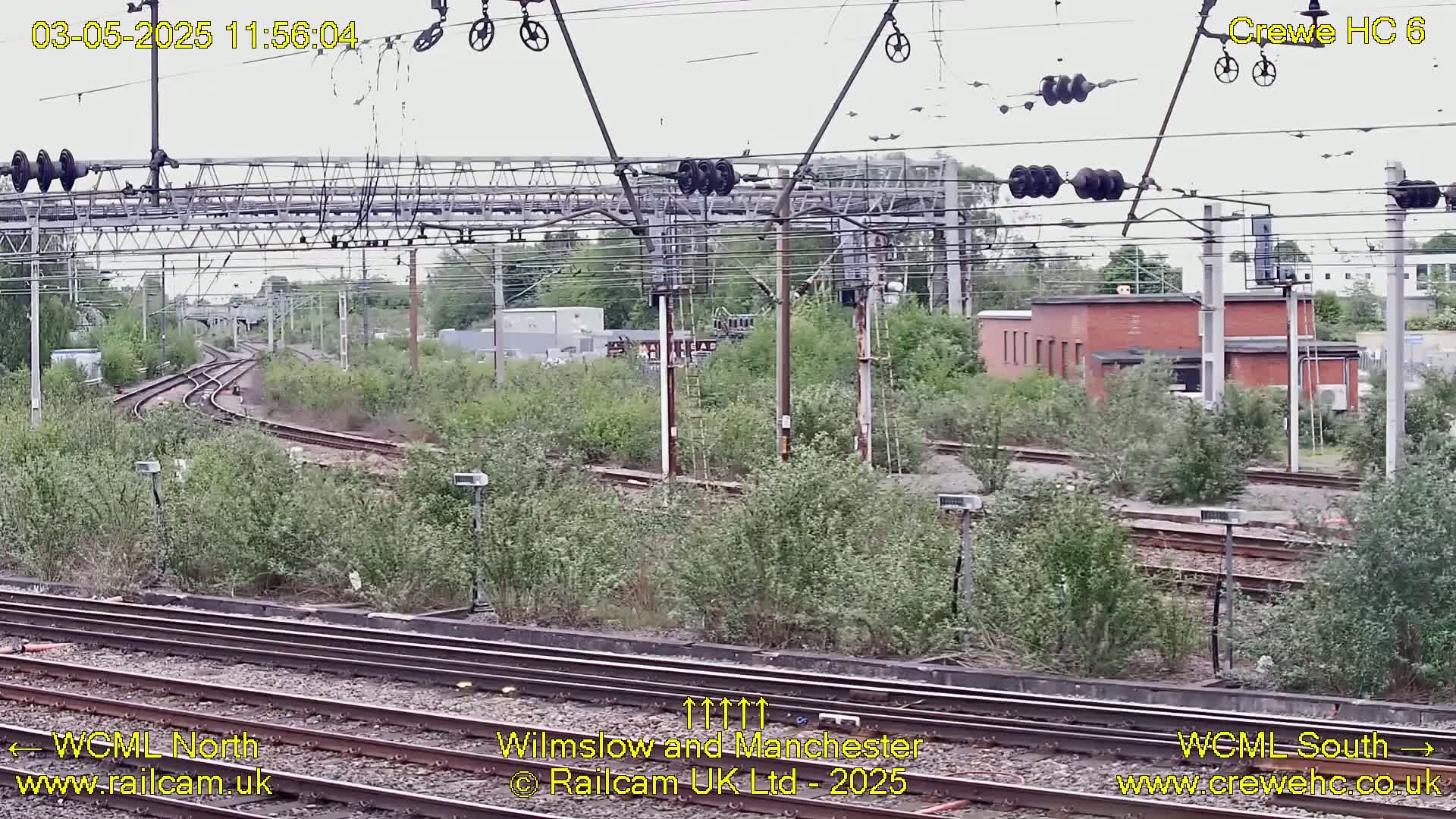 A high-angle view of railway tracks and infrastructure on an overcast day, surrounded by overgrown vegetation.