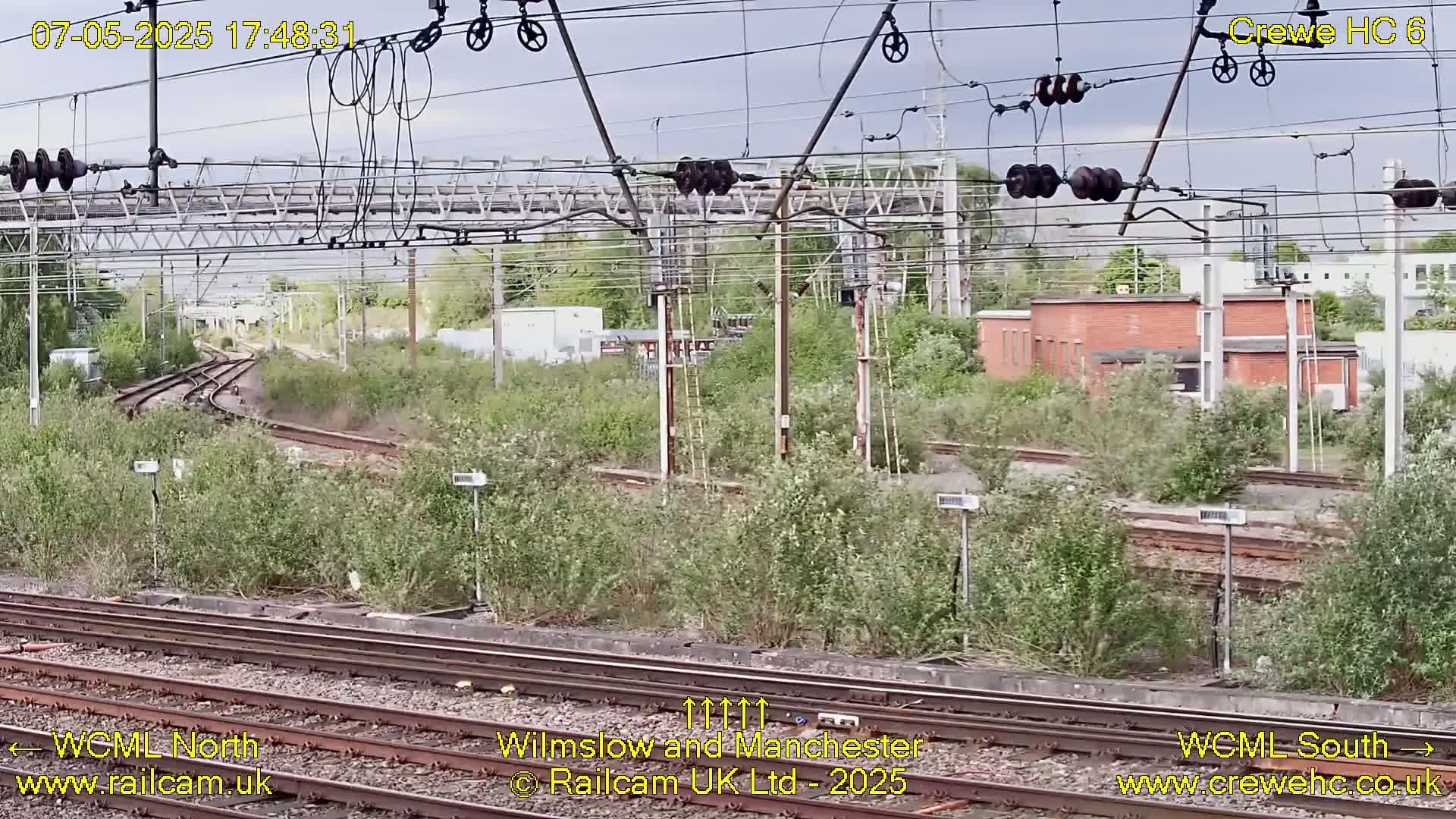 A view of railway tracks and infrastructure on an overcast day, partially obscured by overgrown vegetation.