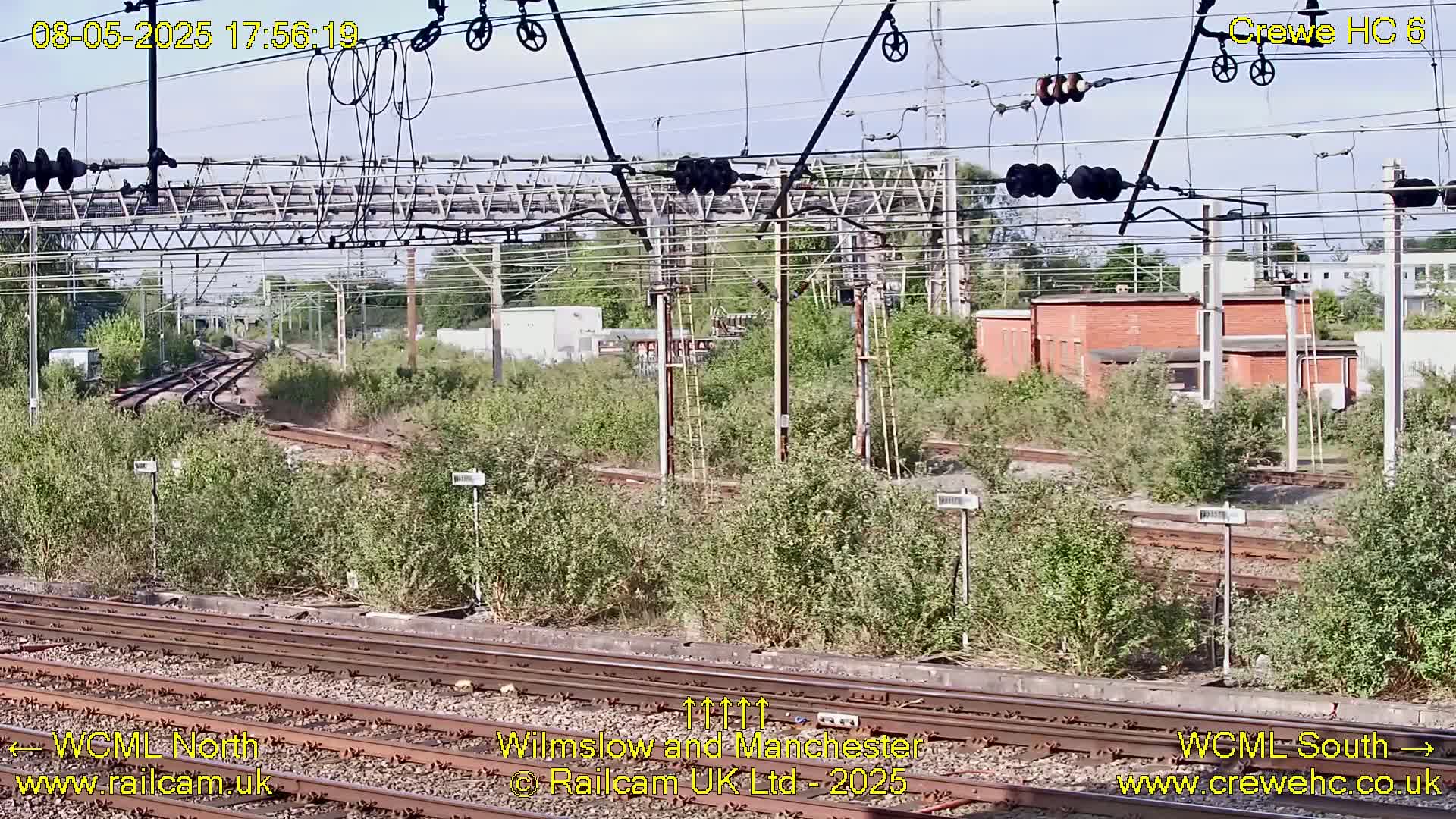 A view of railway tracks and overhead lines on a sunny day, with overgrown vegetation between the tracks and a brick building in the background.