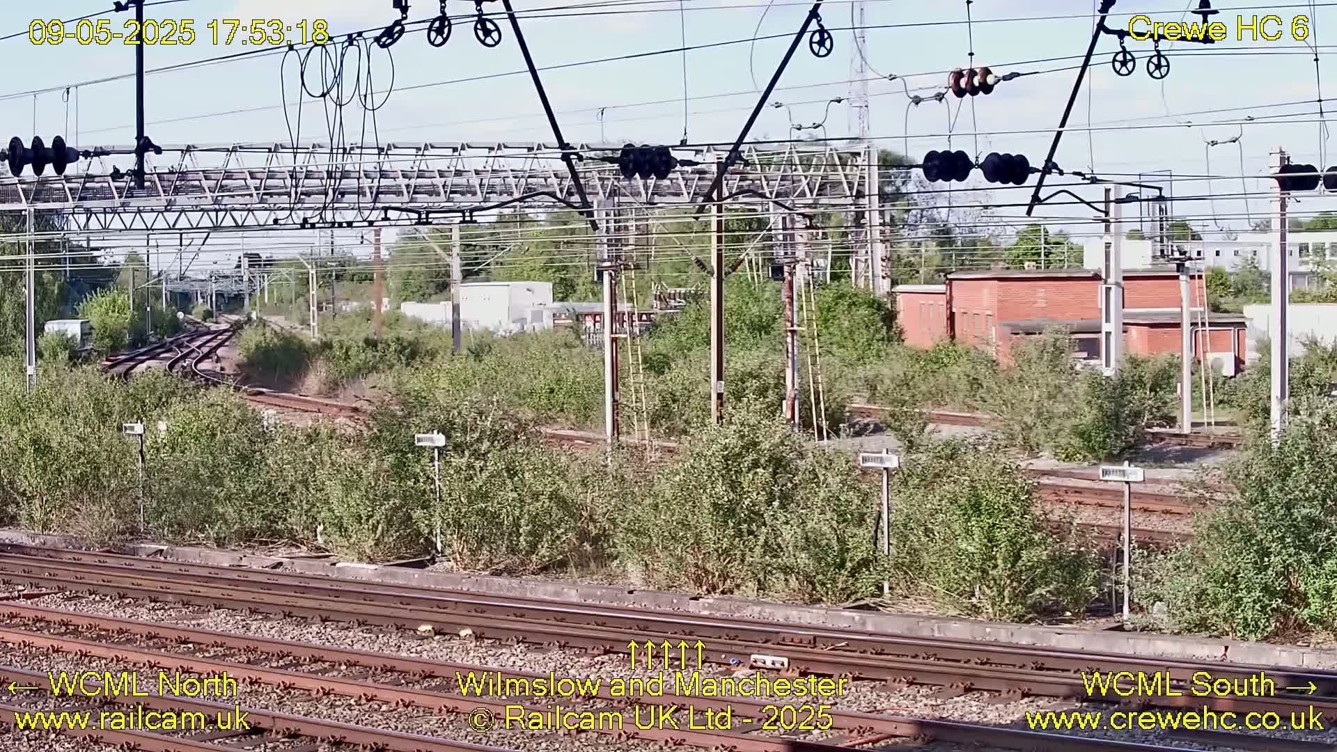 A view of railway tracks and electrical infrastructure on a sunny day, partially obscured by overgrown vegetation and a brick building in the background.