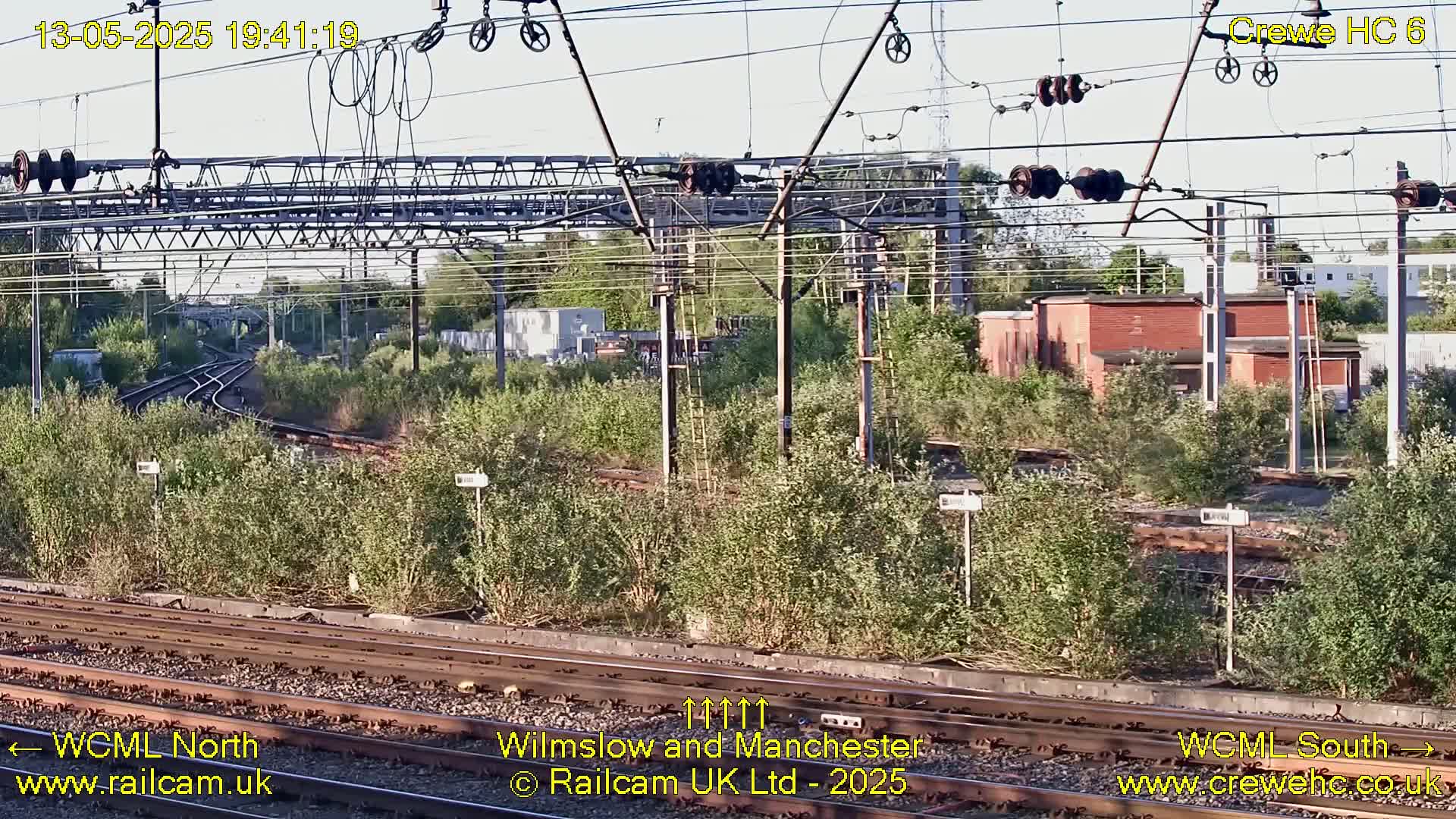 A view of railway tracks and infrastructure, including overhead lines and signal boxes, partially obscured by overgrown vegetation under a clear sky.
