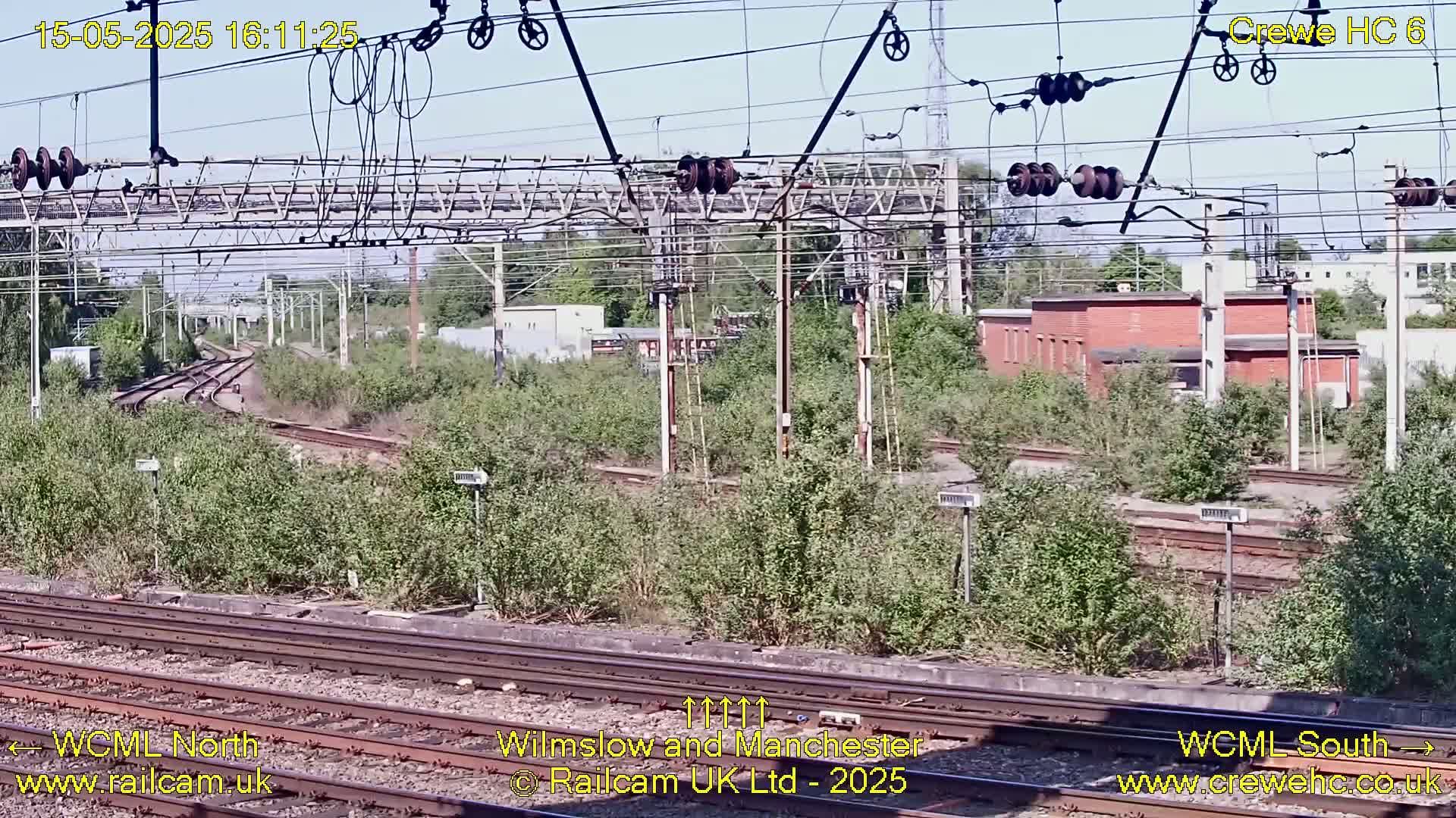 A sunny view of railway tracks and infrastructure, including overhead power lines and signal lights, surrounded by overgrown vegetation.