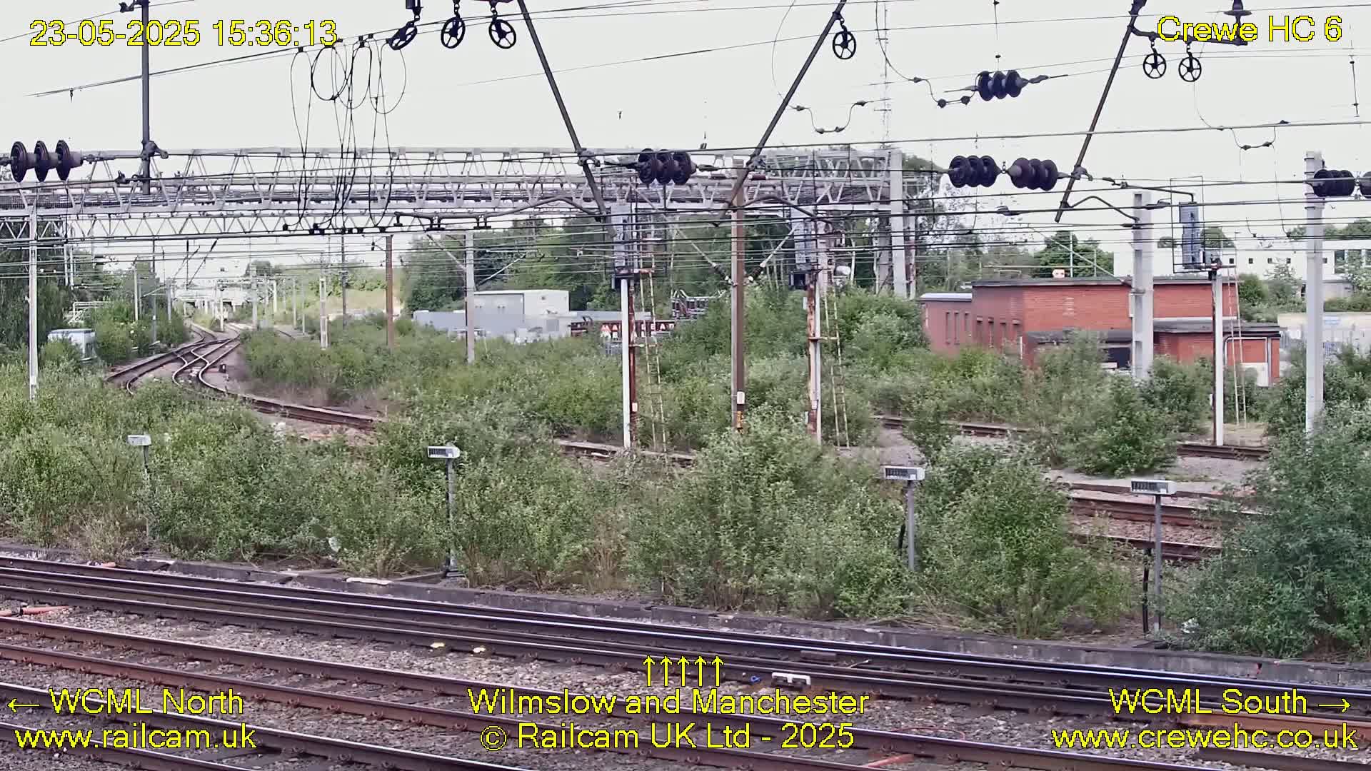 A high-angle view of a railway junction with overgrown vegetation on a partly cloudy day.
