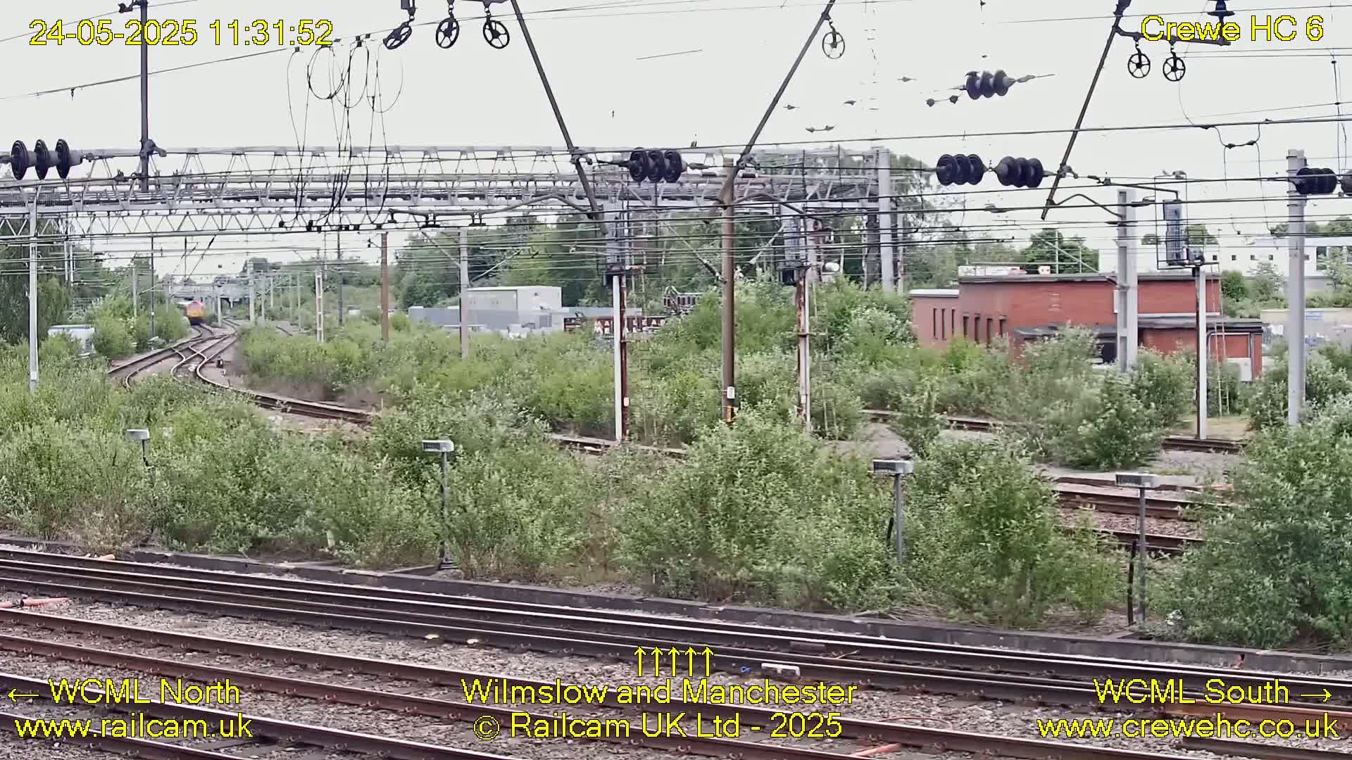 A train is seen in the distance traveling along a curving railway track surrounded by lush green vegetation under an overcast sky.