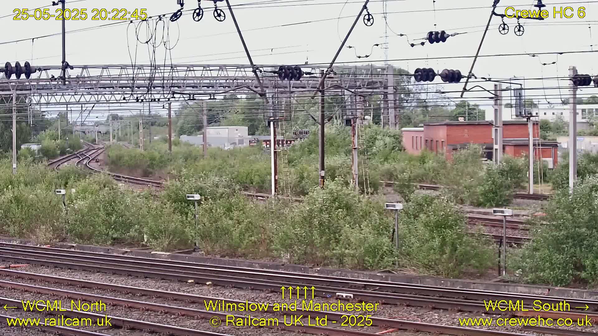 A view of a railway junction on an overcast day, showing multiple train tracks curving through overgrown vegetation and passing near a brick building.