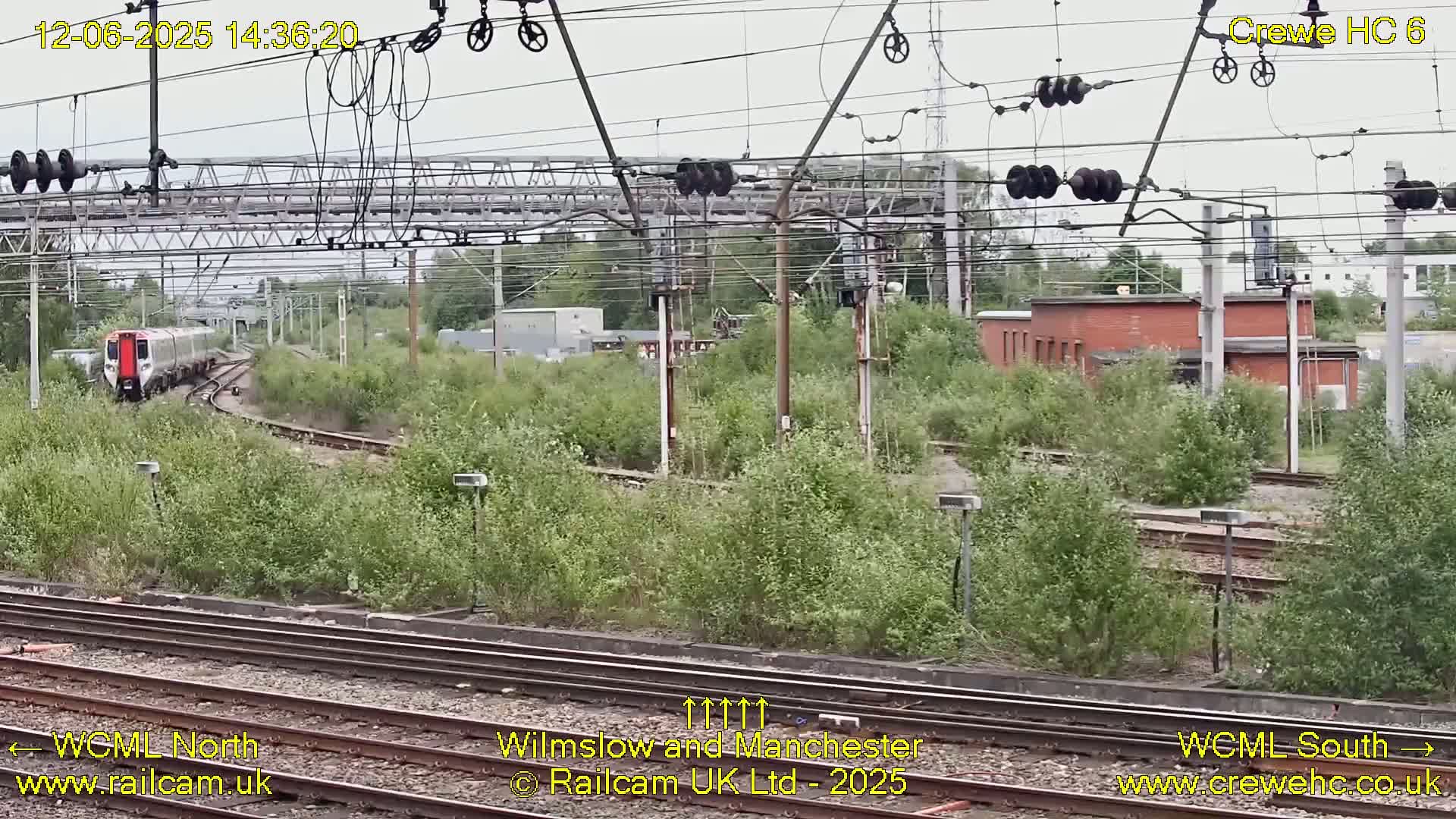 A white and gray passenger train curves around a track, passing by overgrown vegetation and railway infrastructure under an overcast sky.