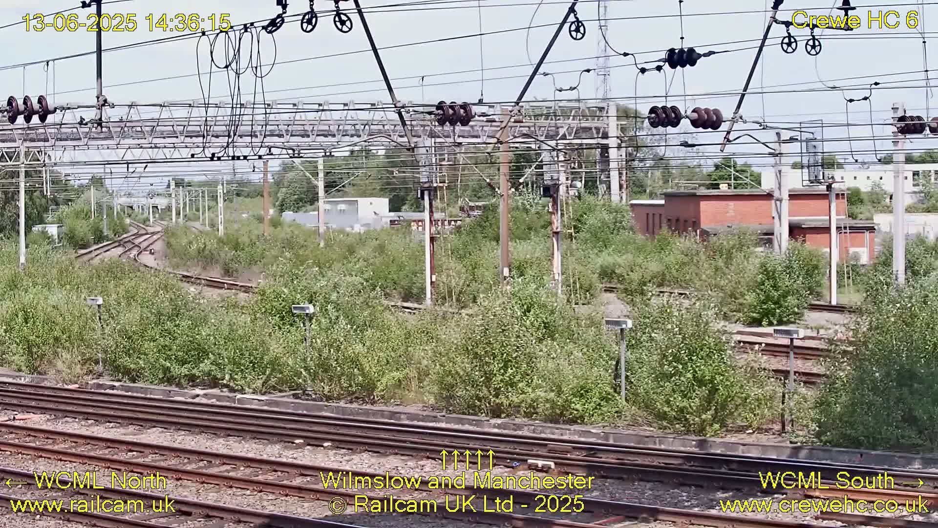 A view of railway tracks and overhead lines, partially obscured by overgrown vegetation under a partly cloudy sky.