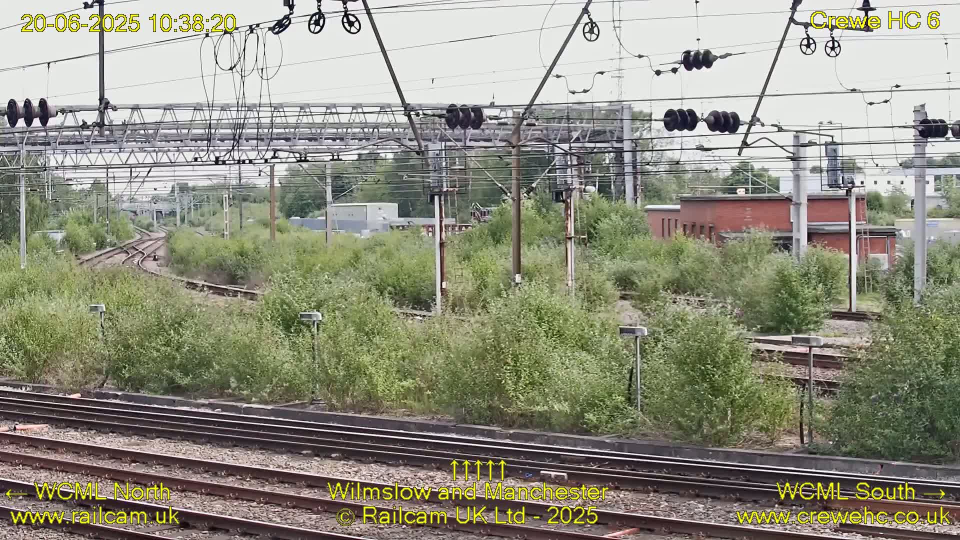 Overhead railway lines and electrical equipment are positioned above a railway junction overgrown with vegetation, under a cloudy sky.