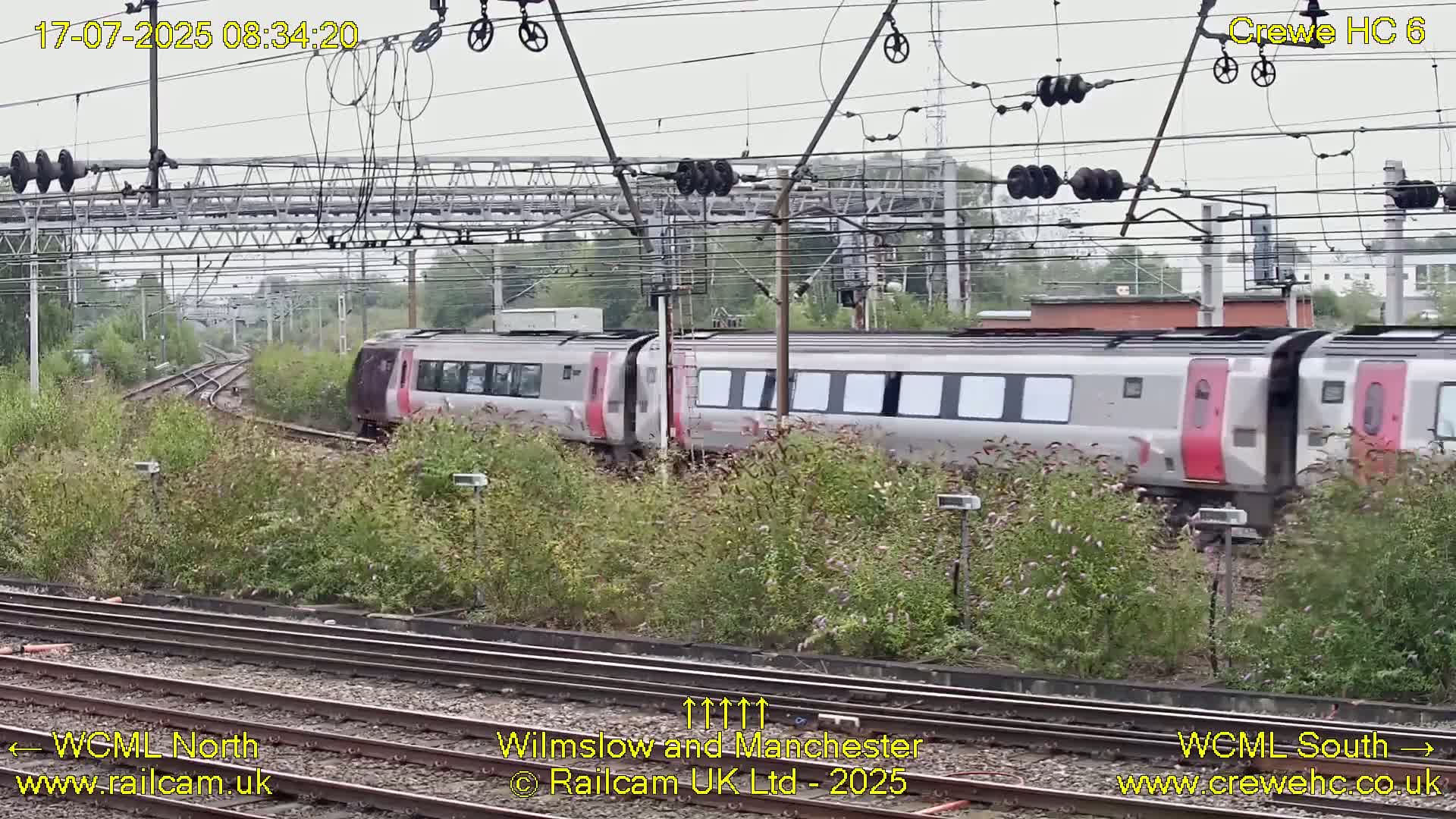 A long, silver and red passenger train passes by on a railway track, surrounded by vegetation under an overcast sky.