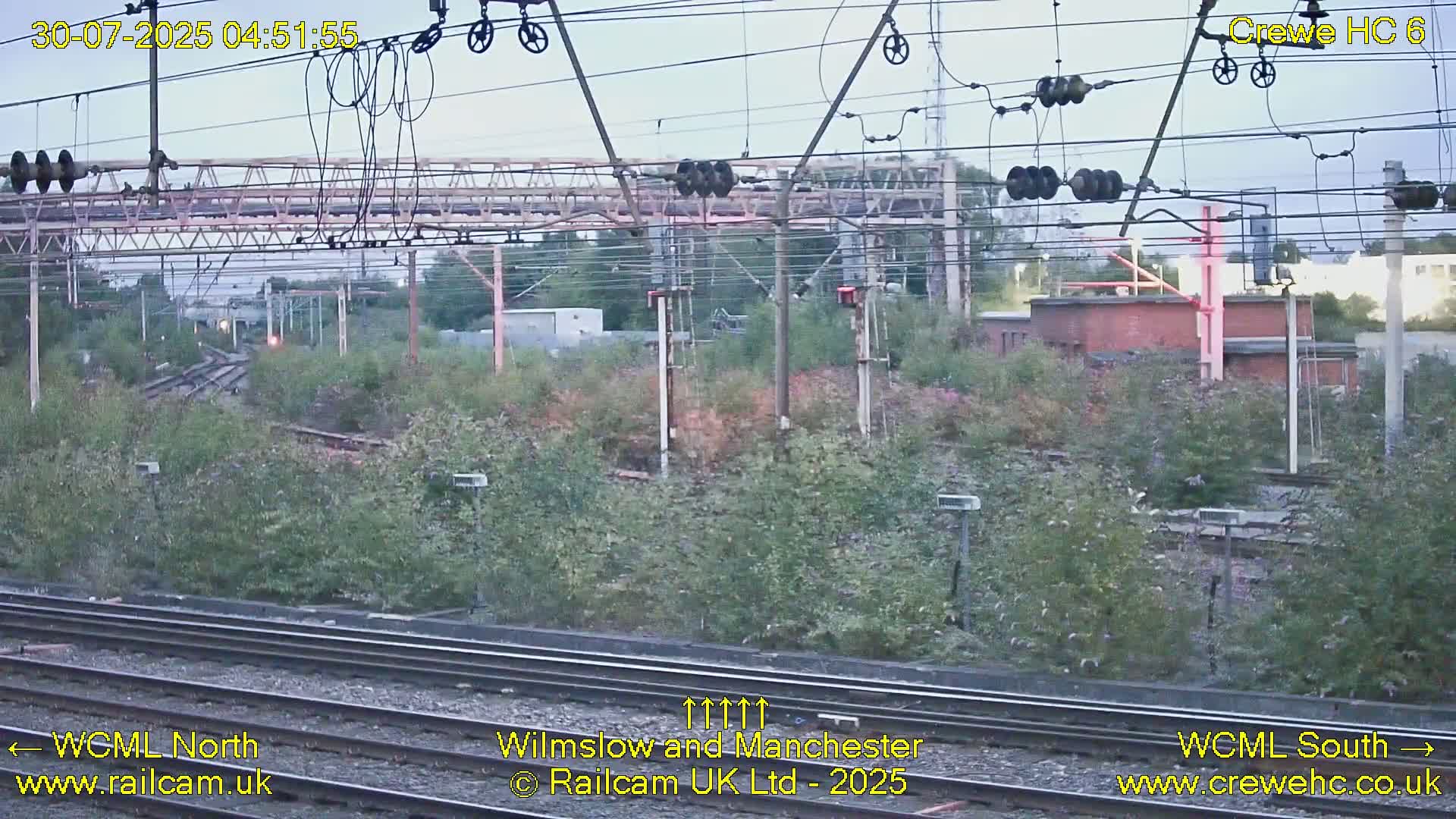 A long, silver and red passenger train passes by on a railway track, surrounded by vegetation under an overcast sky.