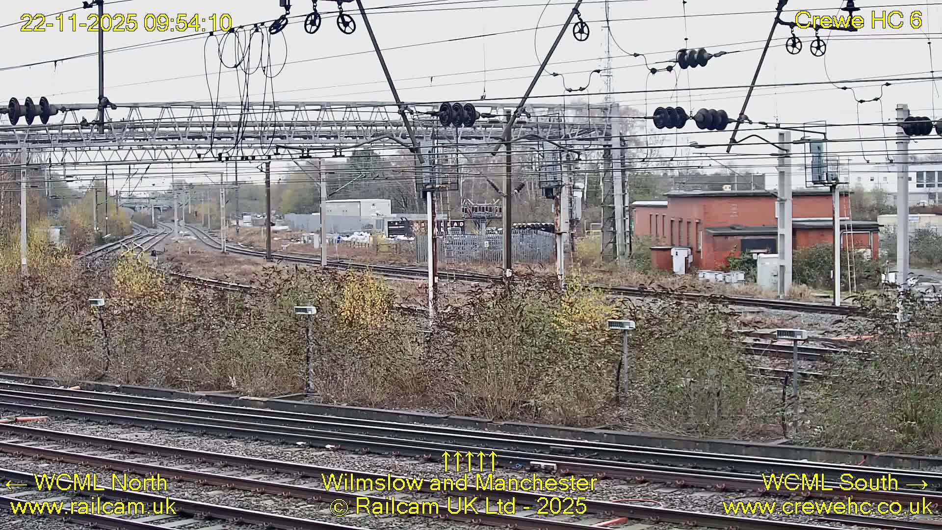 A wide view of a sprawling outdoor railway junction under an overcast sky features multiple parallel and diverging tracks, an intricate web of overhead power lines and utility poles, and autumnal bushes bordering the rails, with various industrial buildings visible in the midground and background.