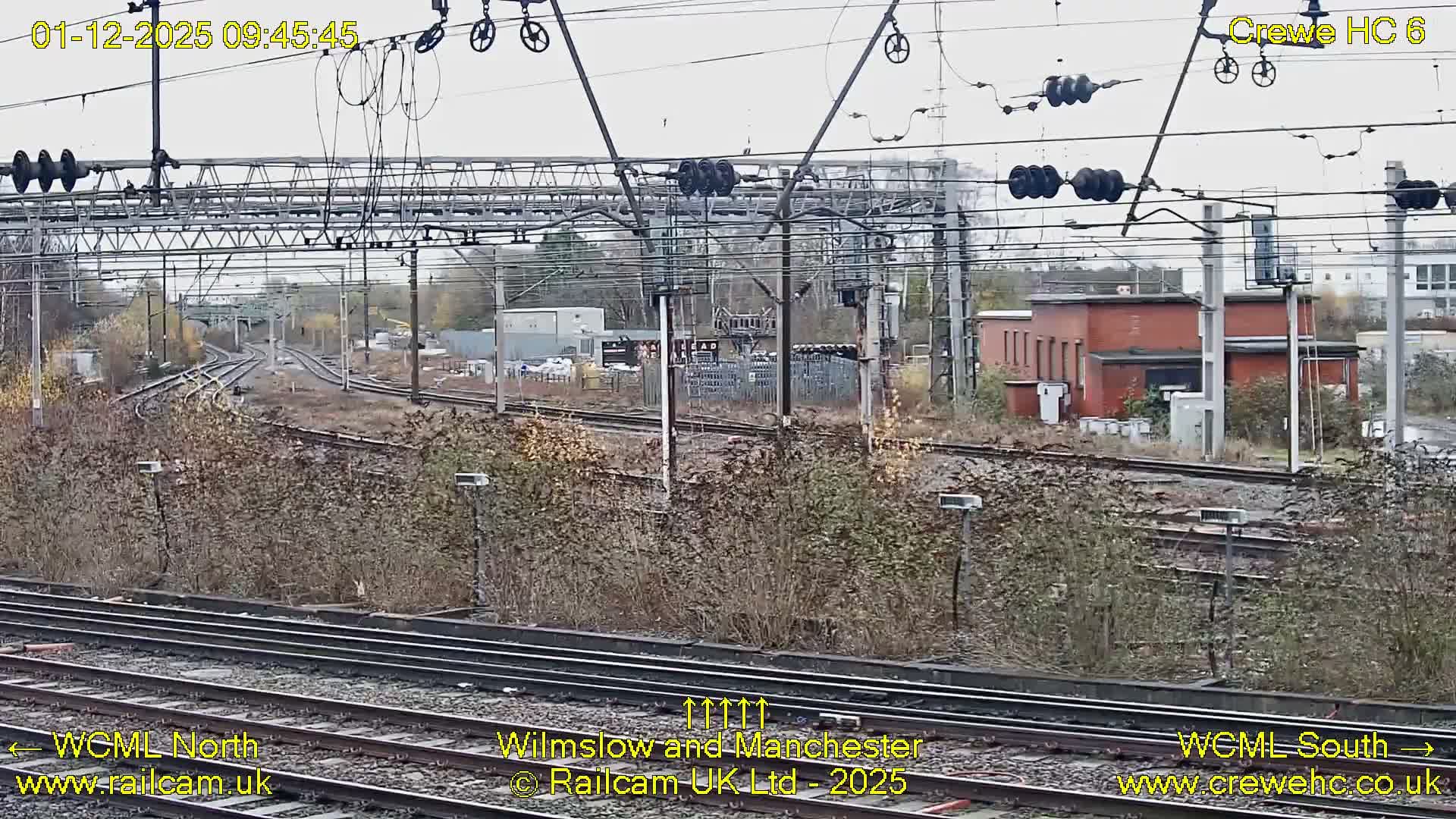 Numerous railway tracks and overhead electrification lines stretch across a sprawling industrial landscape, with various buildings and overgrown bushes visible under a uniform overcast sky.