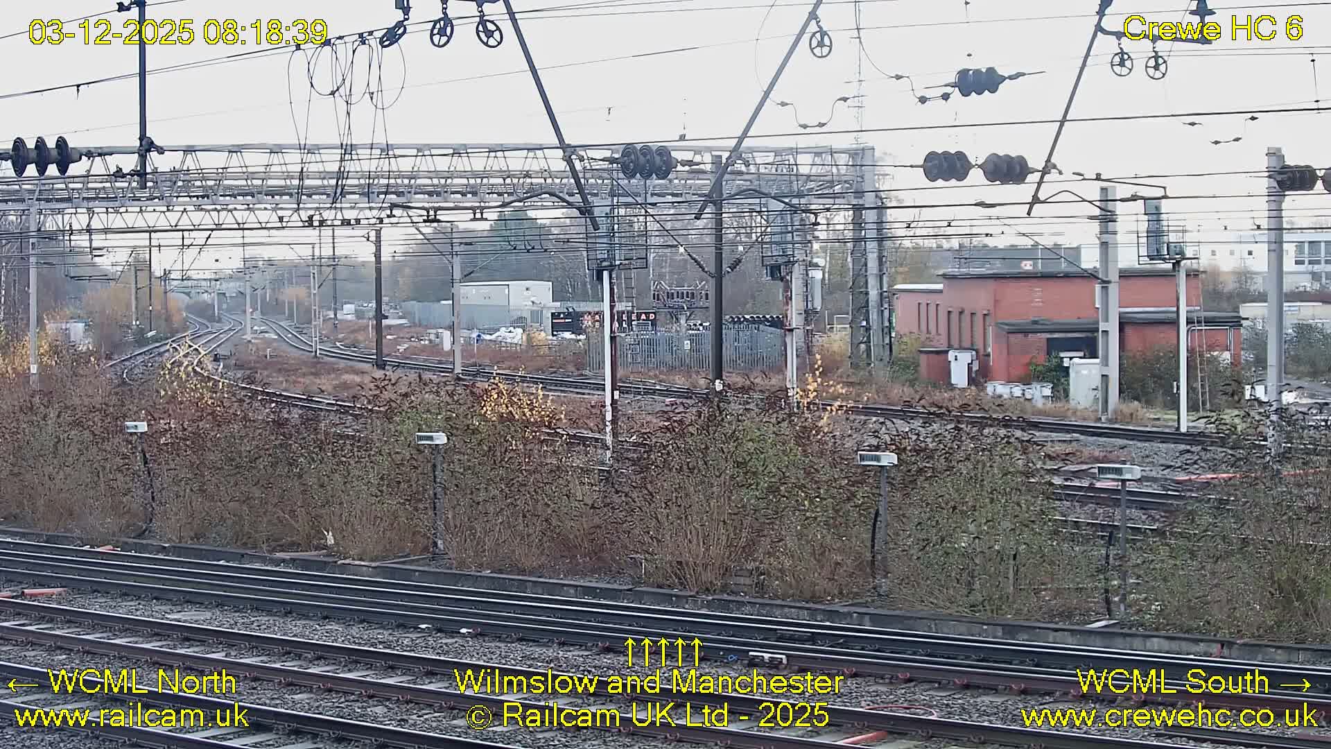 A wide view of a complex railway junction with multiple tracks, overhead electrification lines, and dense bushes in the foreground, receding towards various industrial buildings and a distant bridge under a dull, overcast sky.