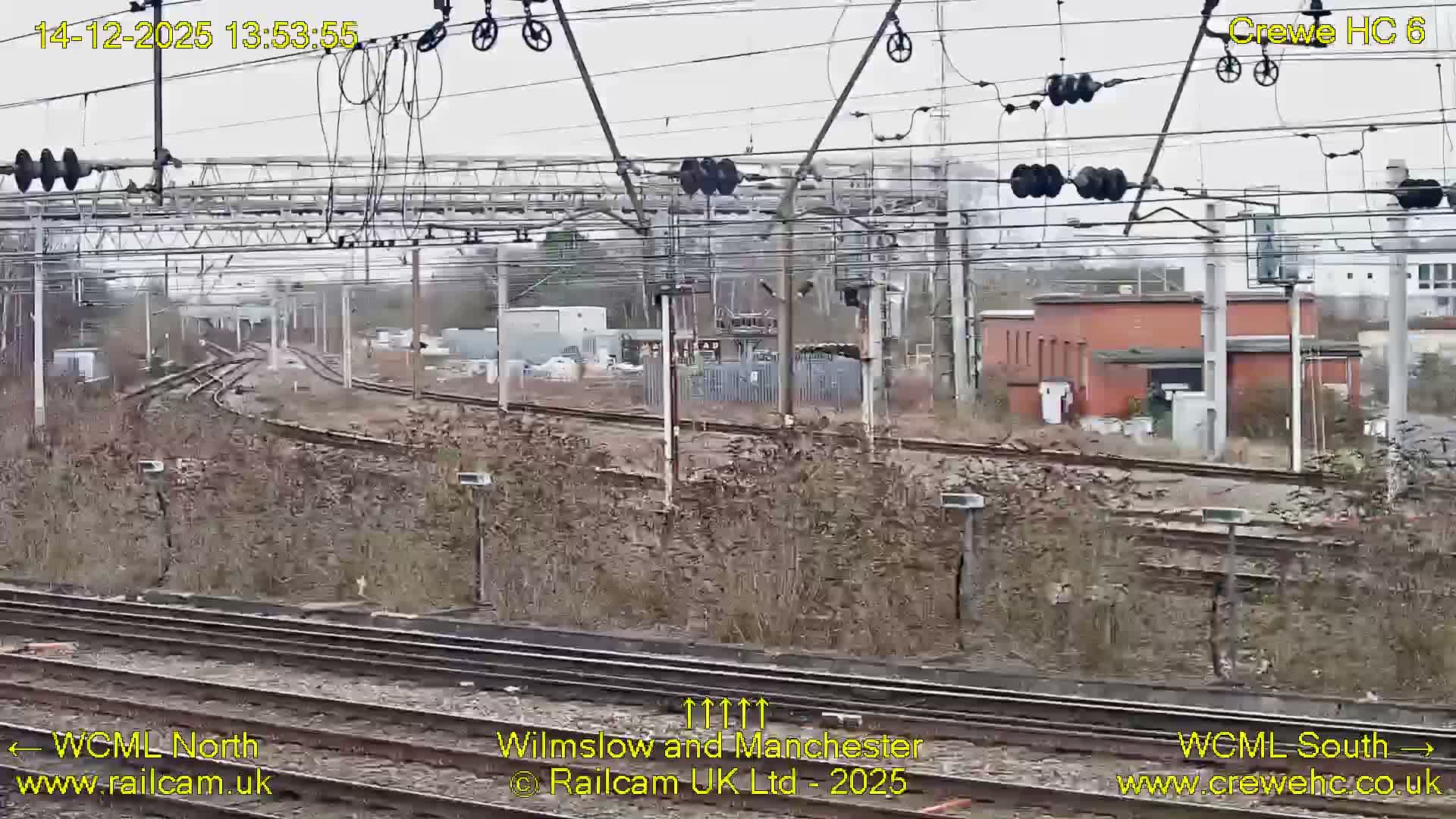 A wide view of a complex railway junction with multiple tracks, overhead electrification lines, and dense bushes in the foreground, receding towards various industrial buildings and a distant bridge under a dull, overcast sky.
