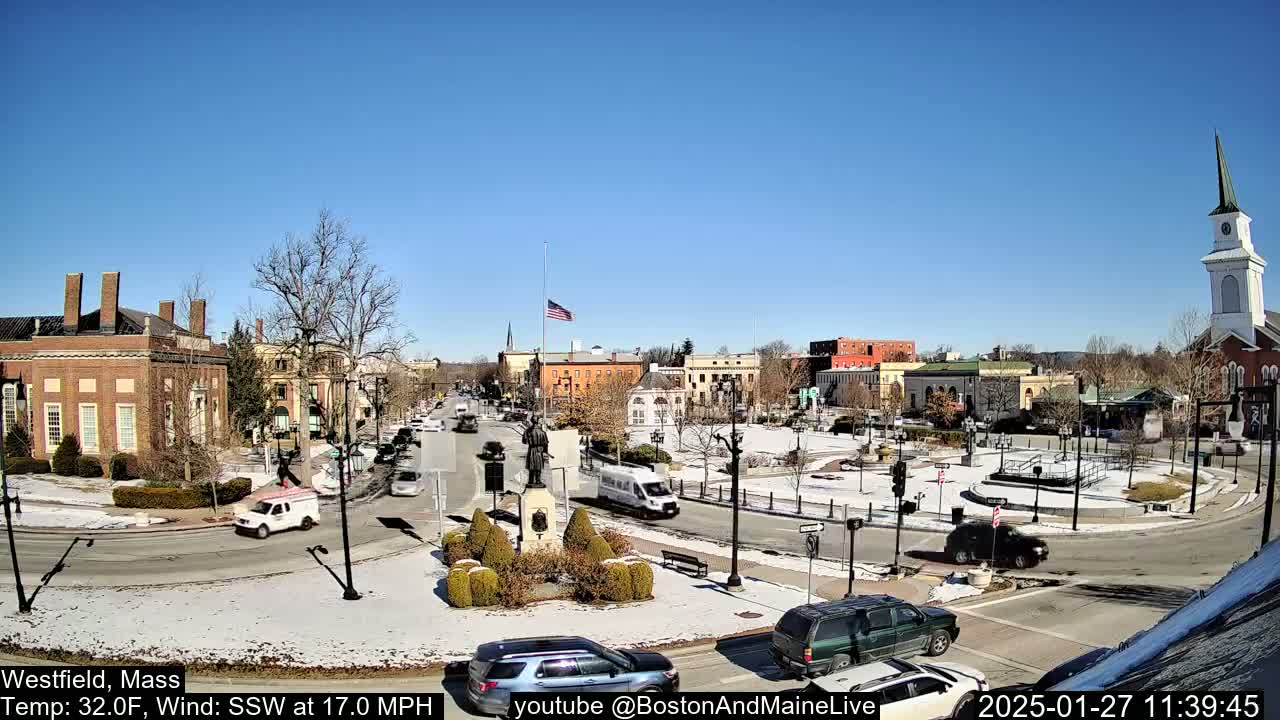 A partly sunny day with a south-southwesterly wind shows a town square with a monument and several buildings, some with snow on the ground and in the surrounding areas.