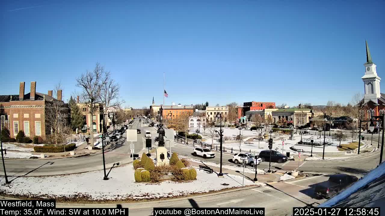 A town square with several brick buildings and a church steeple is visible under a sunny sky with light snow on the ground and a southwest wind.