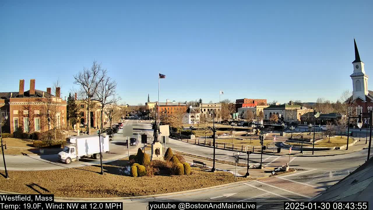 A sunny, cold day in a town square with brick buildings, a statue, and a church steeple, featuring sparse, leafless trees and a few cars driving on roads around the square.