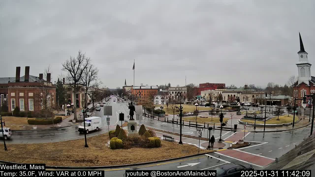 A town square with brick buildings, a statue, and a church steeple is seen on a cloudy, wet day.