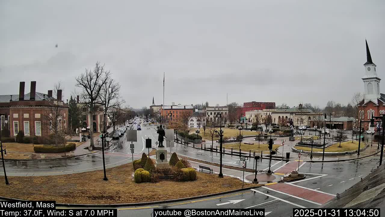 A town square with brick buildings, a statue in the center, and wet streets under an overcast sky.