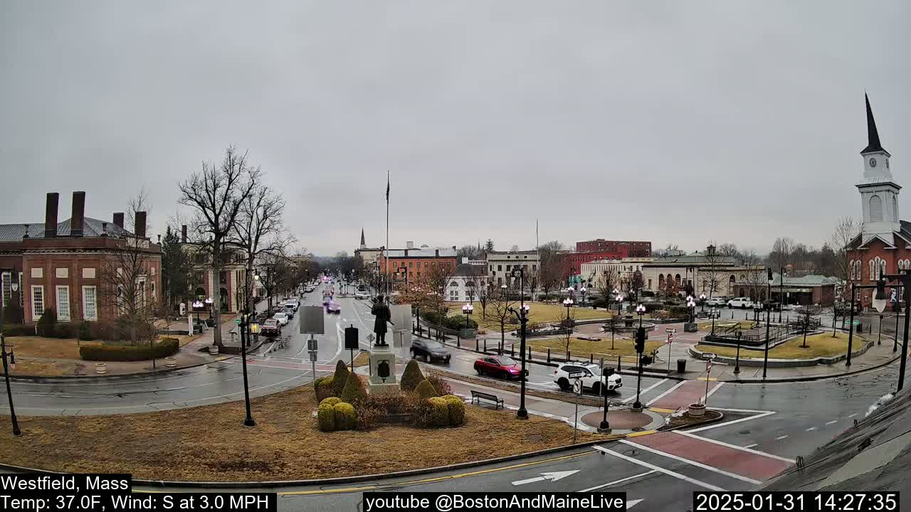 A town square with several brick buildings, a statue, and a church steeple is seen on an overcast day with light rain.