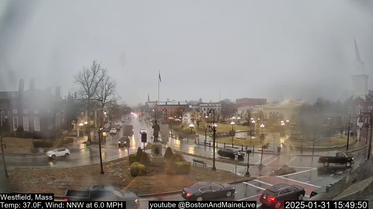 A rain-slicked town square with cars driving through it under an overcast sky.