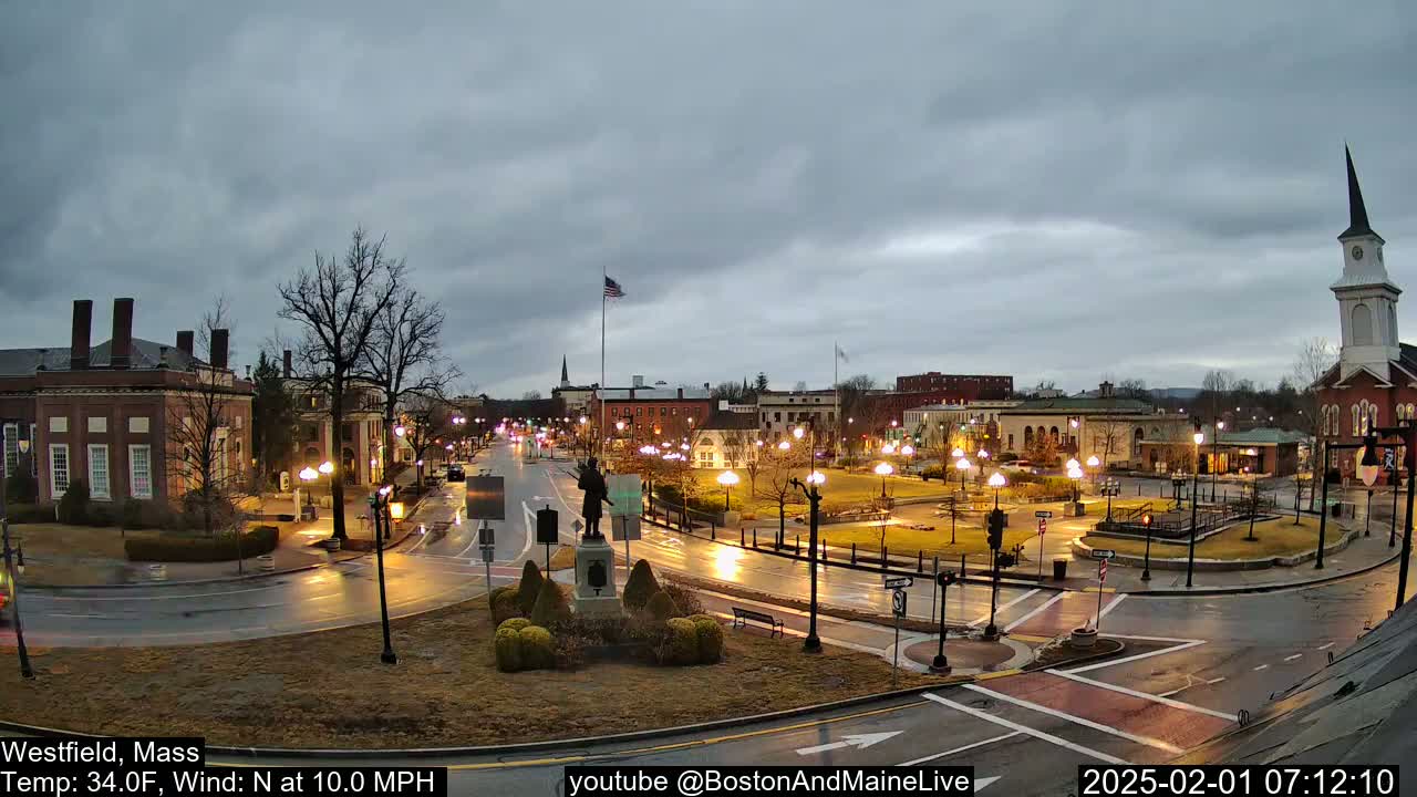 A town square with brick buildings and a statue, illuminated at night under a cloudy sky, with a north wind.