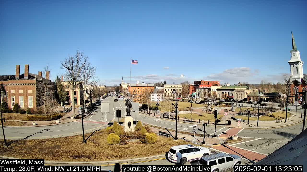 A sunny, clear day reveals a town square with brick buildings, a monument, and sparse, winter trees, under a bright blue sky with a light wind.