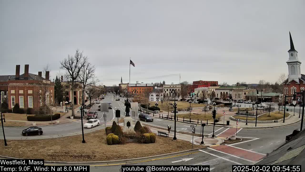 A town square with brick buildings, a statue, and sparse traffic under an overcast sky.