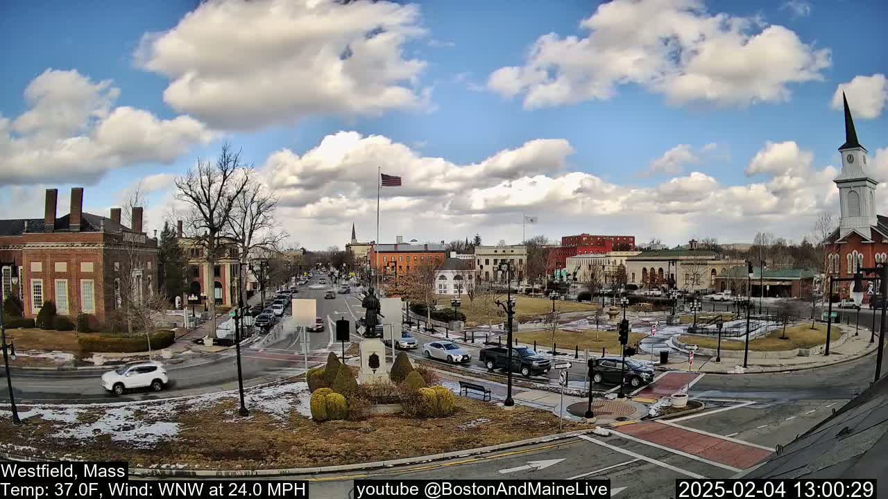 A town square with brick buildings and a church steeple under a partly cloudy sky, with a moderate wind.