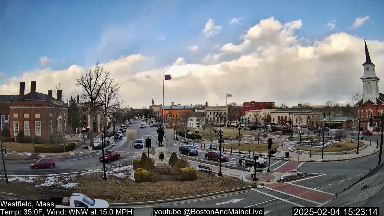 A partly cloudy day reveals a town square with brick buildings, a monument, and sparse traffic, under a wind of 15 mph.