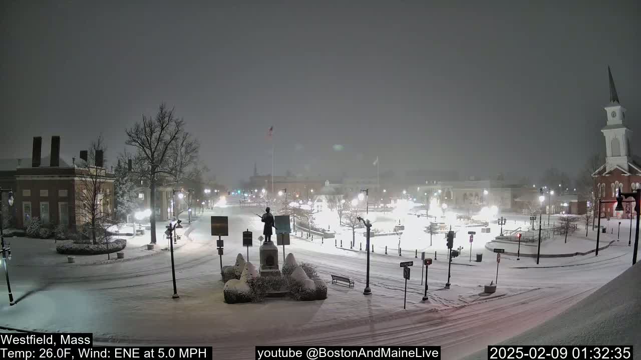 A snow-covered town square at night, illuminated by streetlights, features a statue in the center and a church in the background, with a light snowfall and a calm wind.